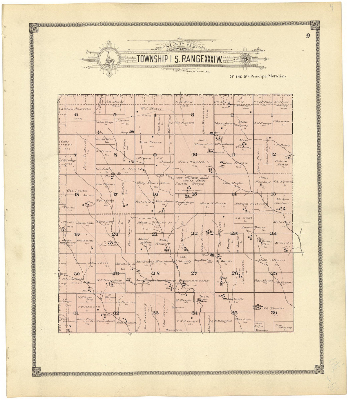 Map of Township 1 S. Range XXXI W. from Standard Atlas of Rawlins County, Kansas 1906 by Relic Map Company