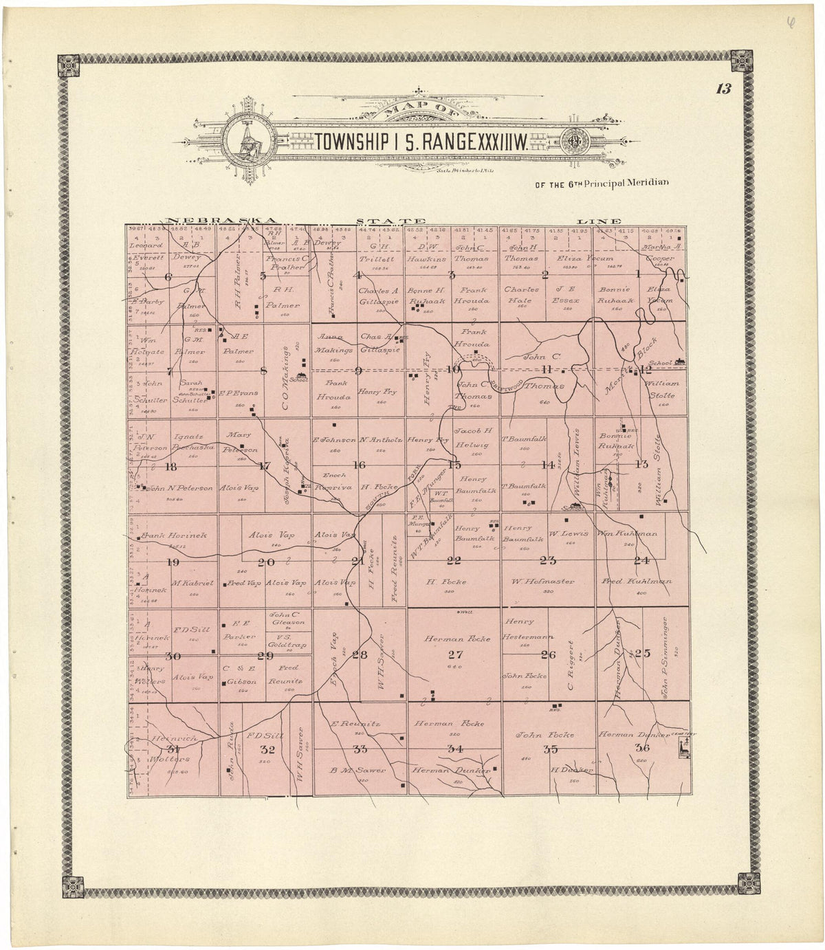 Map of Township 1 S. Range XXXIII W. from Standard Atlas of Rawlins County, Kansas 1906 by Relic Map Company