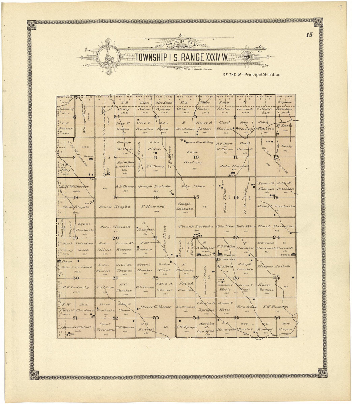Map of Township 1 S. Range XXXIV W. from Standard Atlas of Rawlins County, Kansas 1906 by Relic Map Company