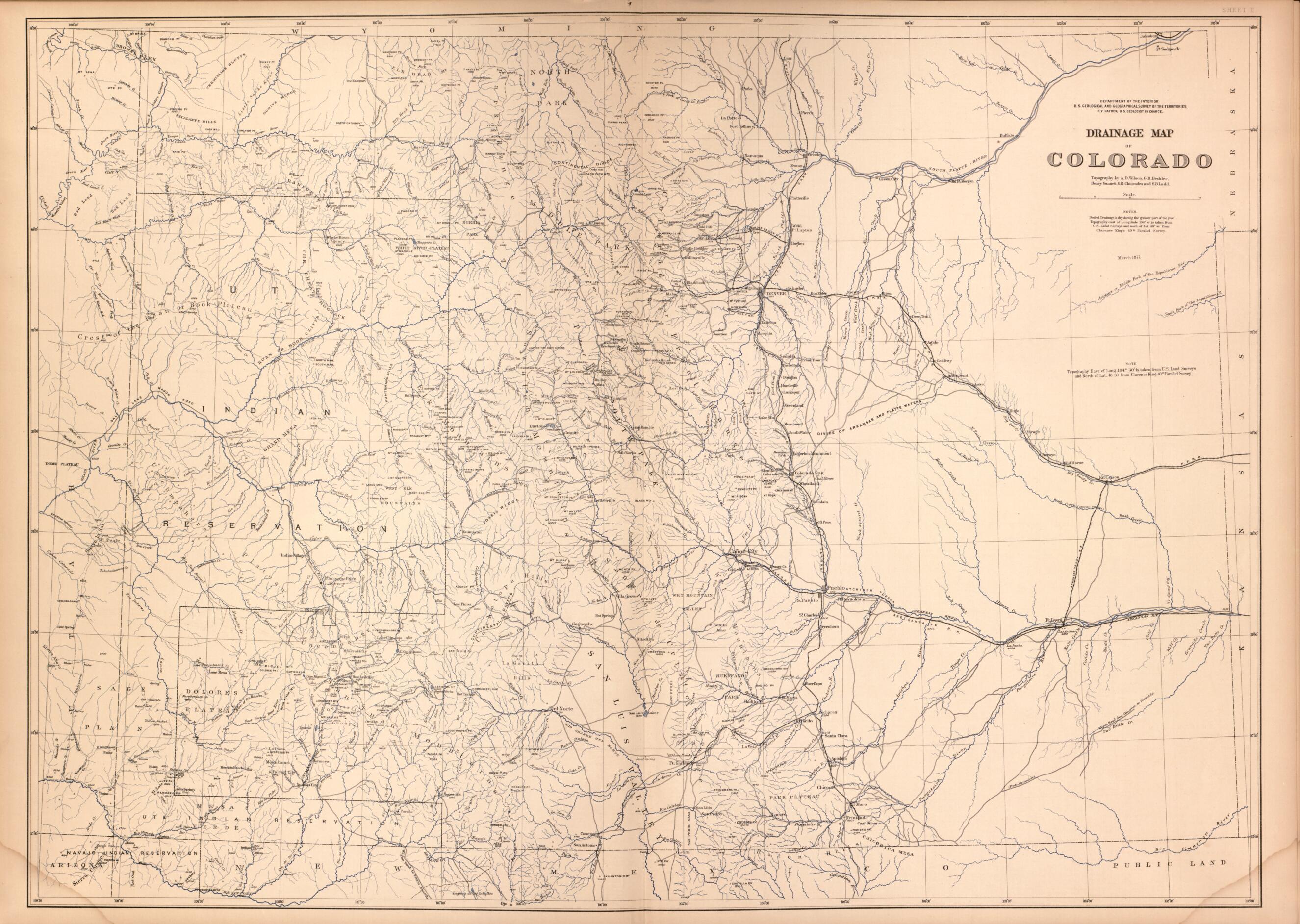This old map of Sheet II: Drainage Map of Colorado from Geological and Geographical Atlas of Colorado and Portions of Adjacent Territory, from 1877 was created by F. V. (Ferdinand Vandeveer) Hayden in 1877