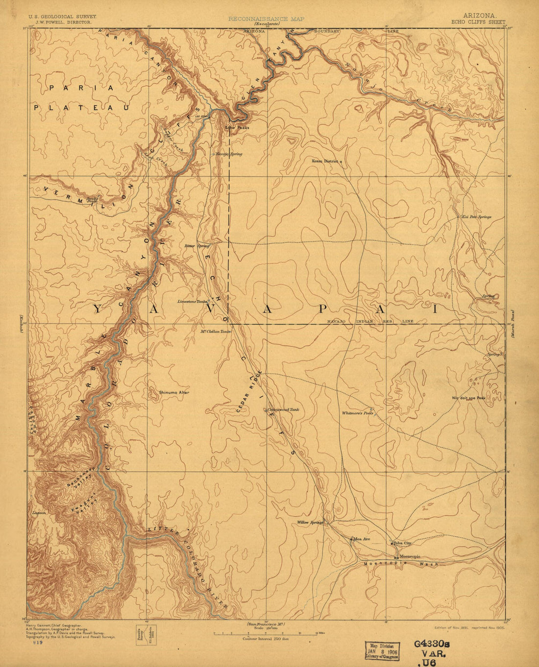 This old map of Scale 1:250,000. (1905) - Echo Cliffs from Arizona. from 1891 was created by Geological Survey (U.S.) in 1891