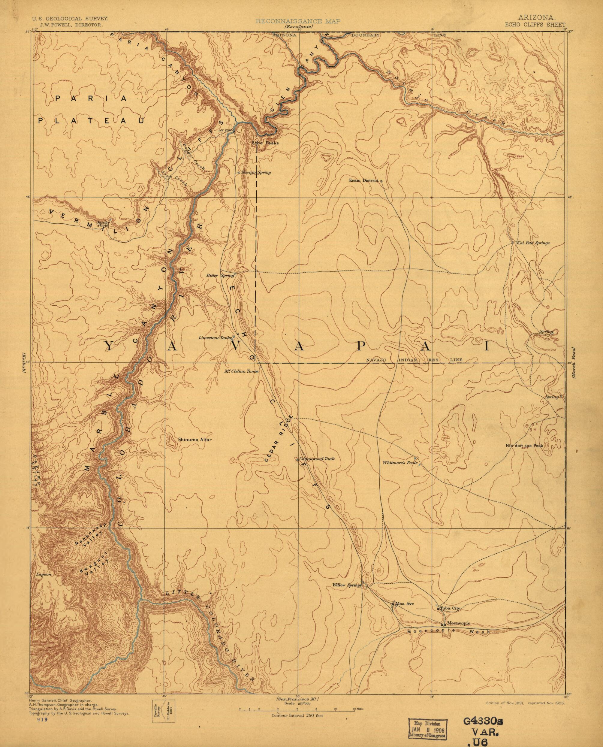 This old map of Scale 1:250,000. (1905) - Echo Cliffs from Arizona. from 1891 was created by Geological Survey (U.S.) in 1891
