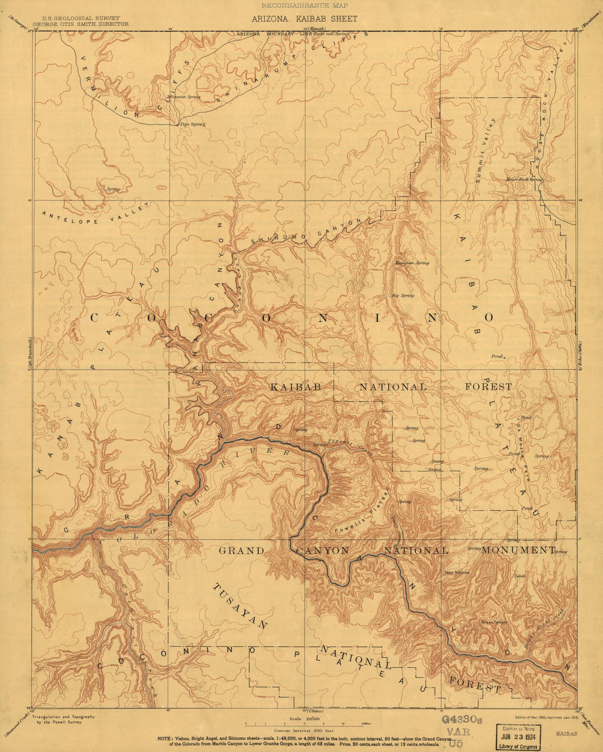 This old map of Scale 1:250,000. (1915) - Kaibab from Arizona. from 1891 was created by Geological Survey (U.S.) in 1891