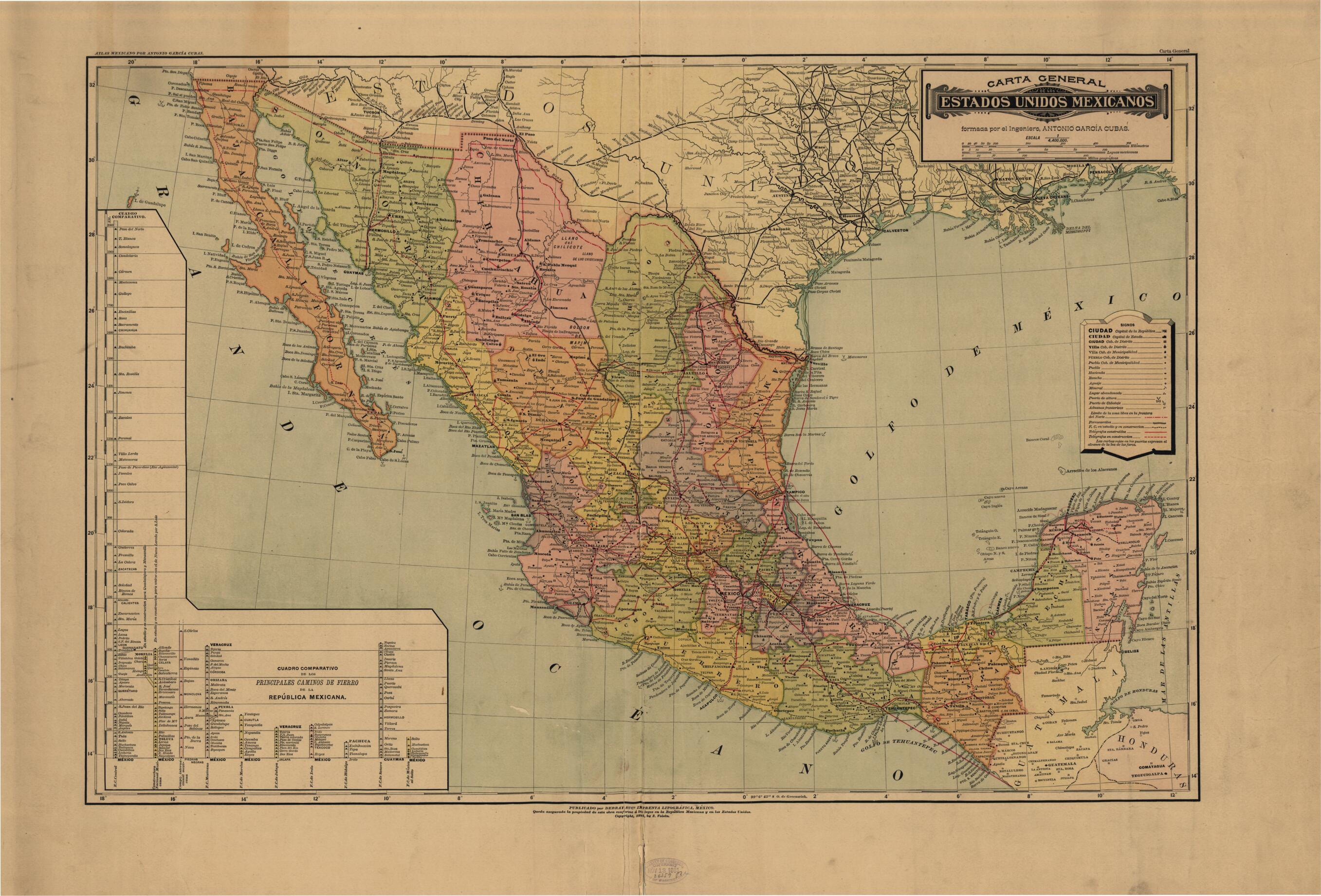 This old map of Carte General De Los Estados Unidos Mexicanos from Atlas Mexicano. from 1884 was created by Antonio GarcĂa Cubas in 1884
