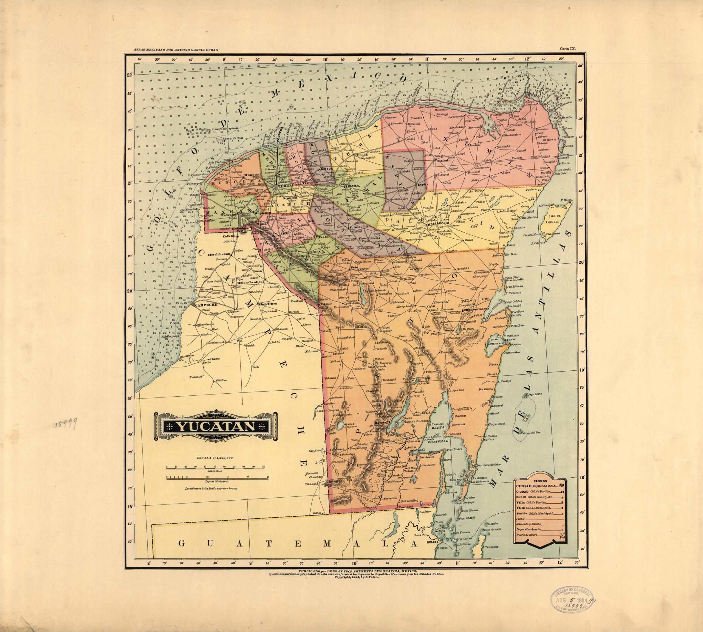 This old map of Yucatan from Atlas Mexicano. from 1884 was created by Antonio GarcĂa Cubas in 1884