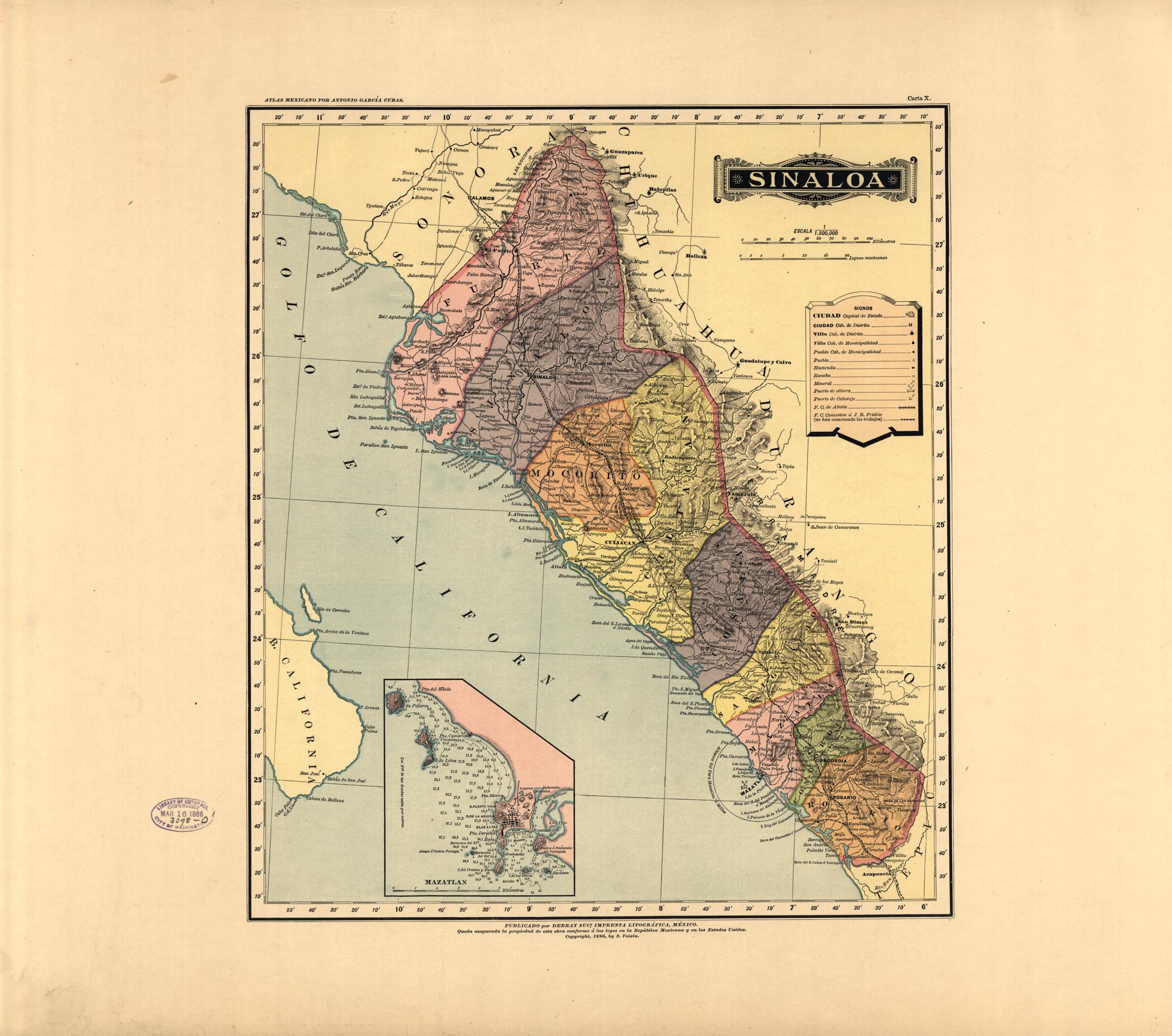 This old map of Sinaloa from Atlas Mexicano. from 1884 was created by Antonio GarcĂa Cubas in 1884