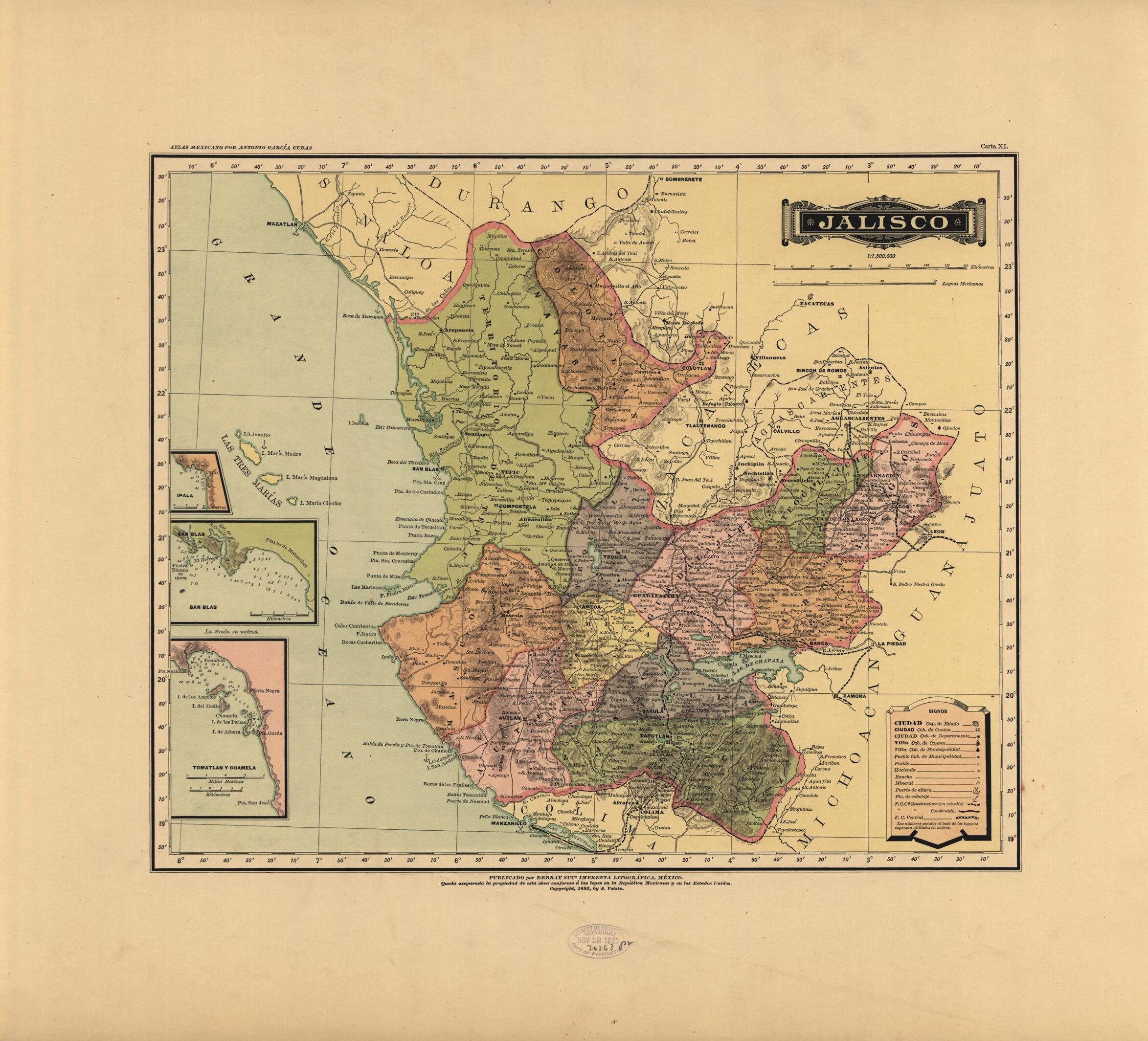 This old map of Jalisco from Atlas Mexicano. from 1884 was created by Antonio GarcĂa Cubas in 1884