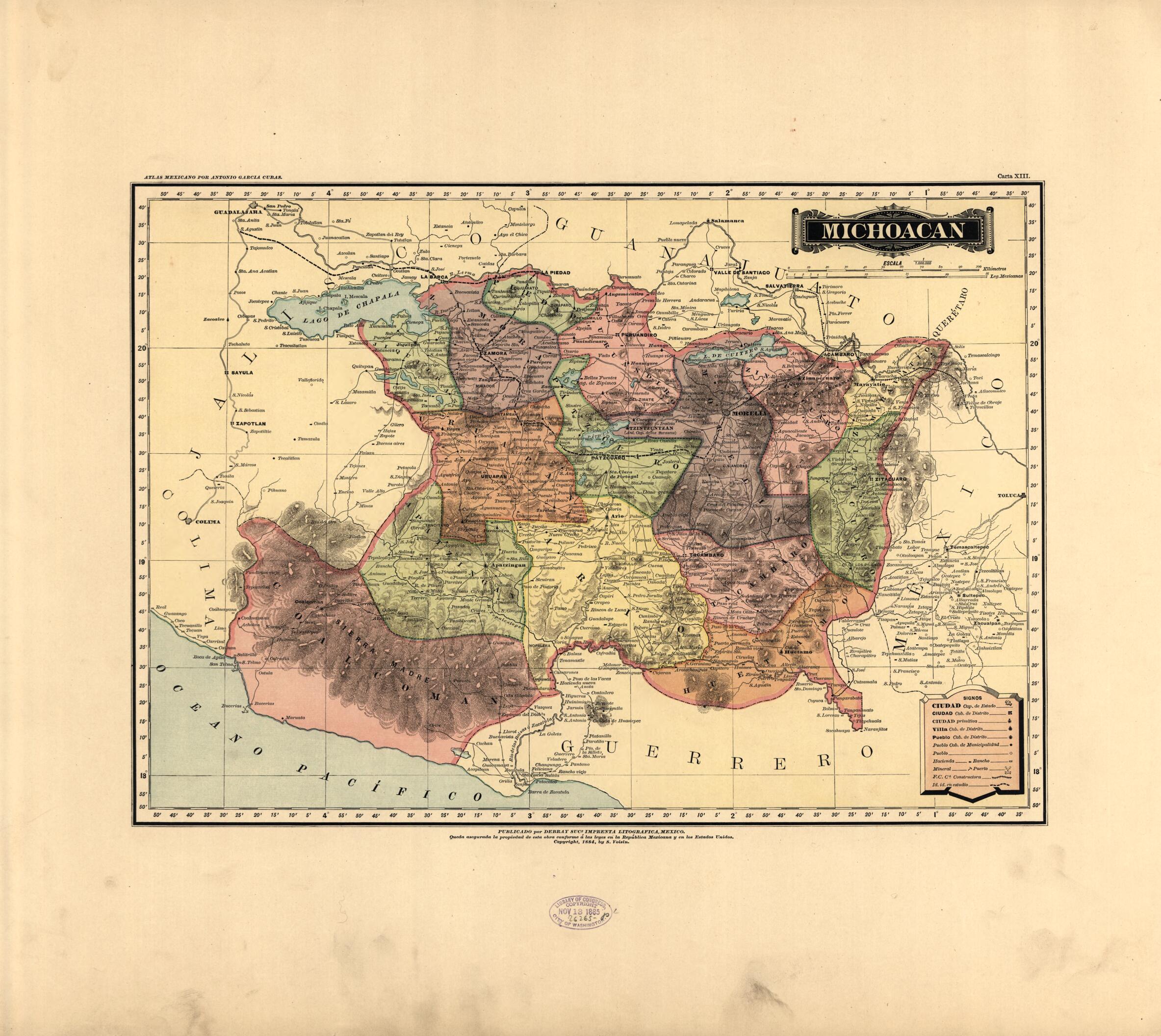 This old map of Michoacan from Atlas Mexicano. from 1884 was created by Antonio GarcĂa Cubas in 1884