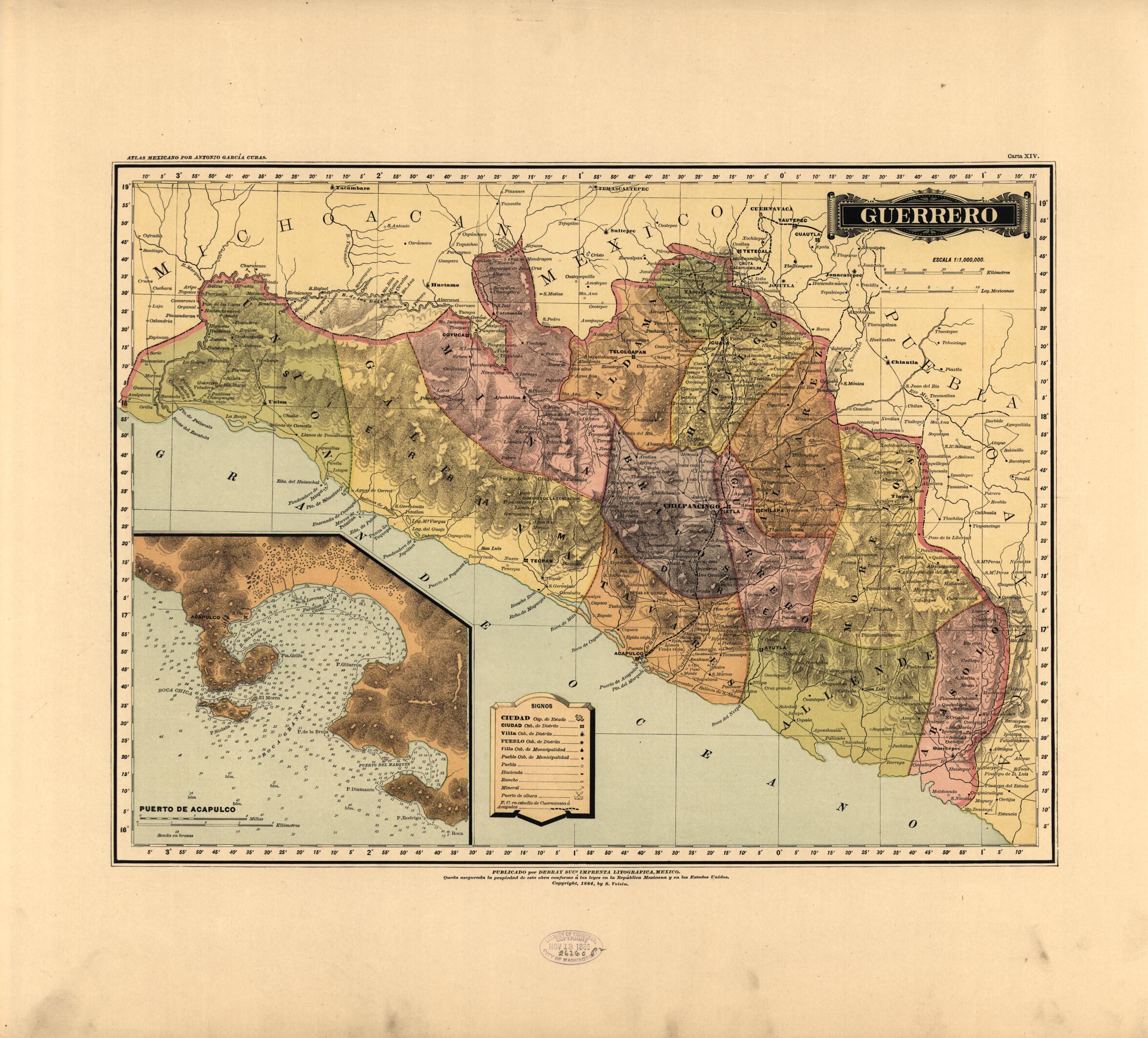 This old map of Guerrero from Atlas Mexicano. from 1884 was created by Antonio GarcĂa Cubas in 1884