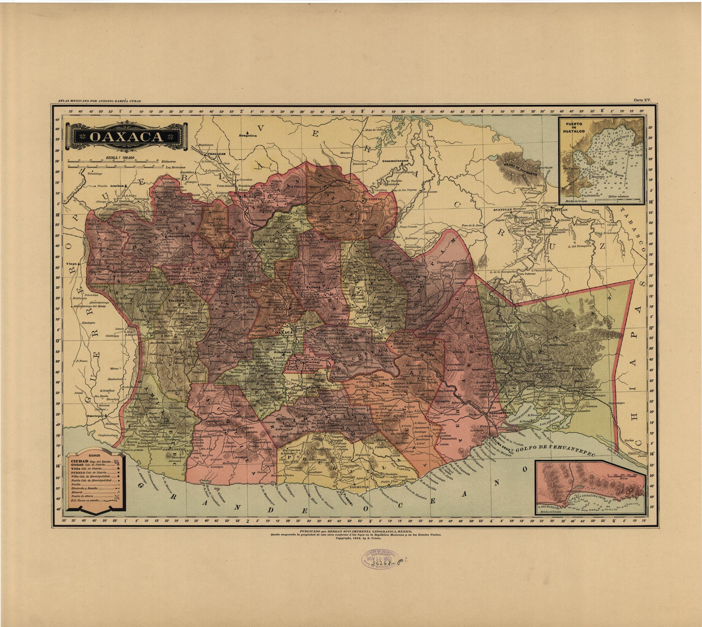 This old map of Oaxaca from Atlas Mexicano. from 1884 was created by Antonio GarcĂa Cubas in 1884
