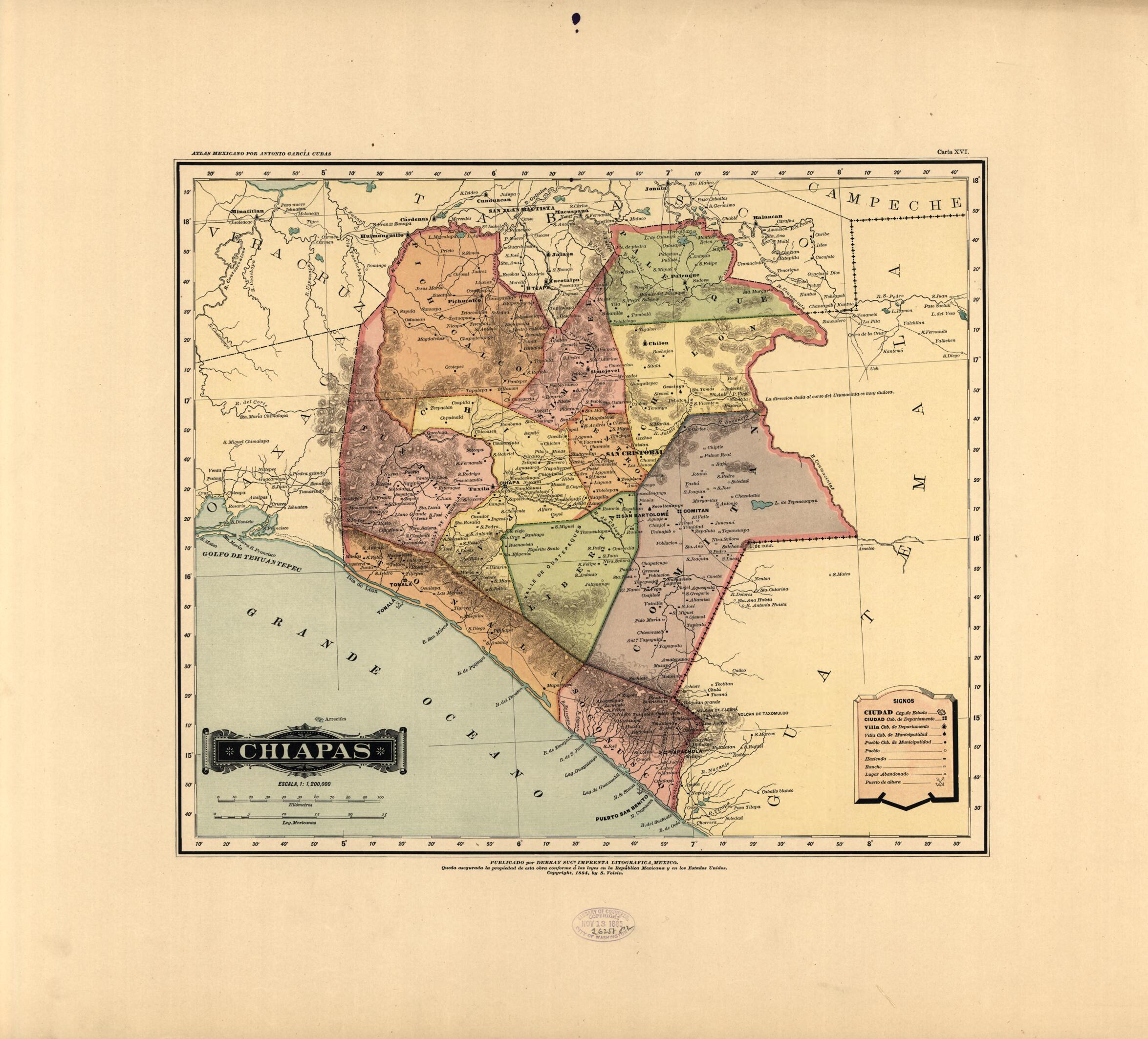 This old map of Chiapas from Atlas Mexicano. from 1884 was created by Antonio GarcĂa Cubas in 1884