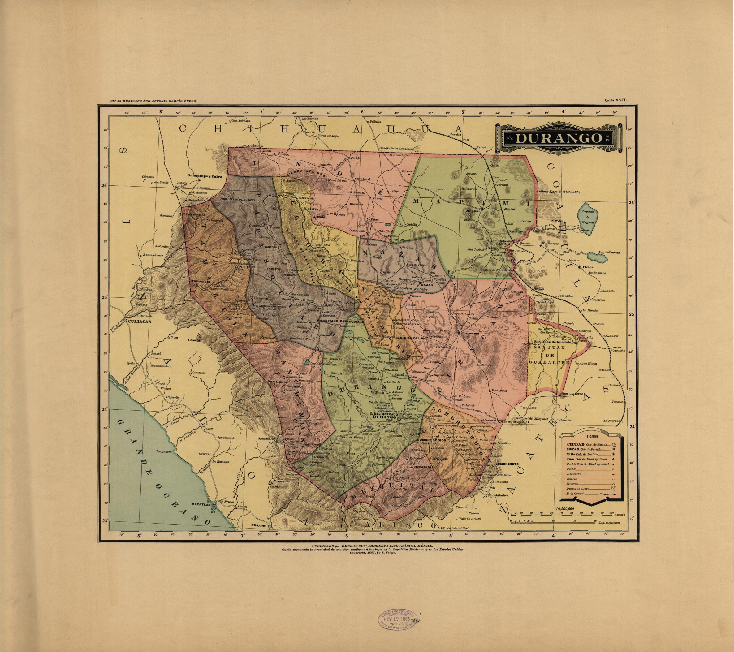 This old map of Durango from Atlas Mexicano. from 1884 was created by Antonio GarcĂa Cubas in 1884