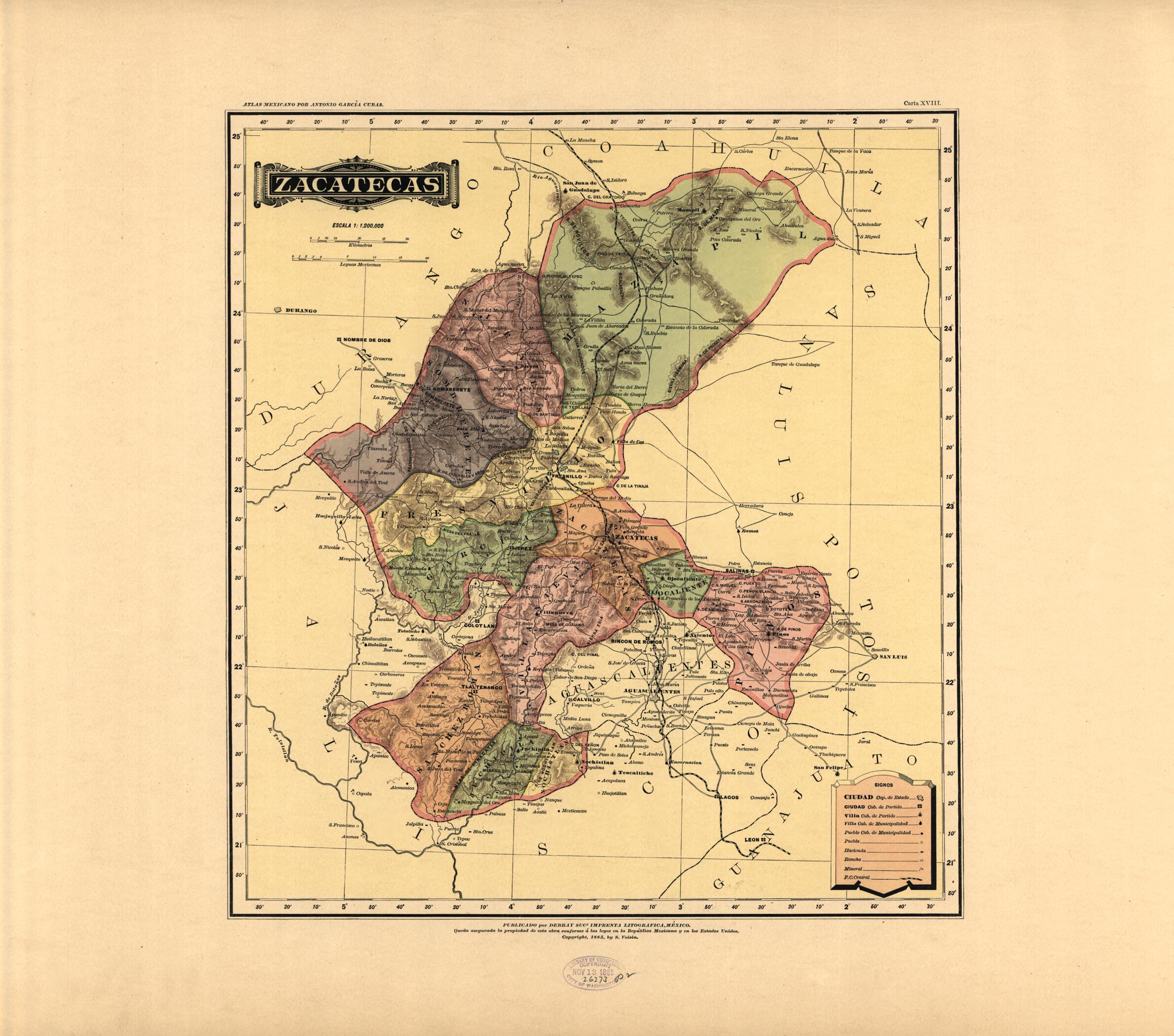 This old map of Zacatecas from Atlas Mexicano. from 1884 was created by Antonio GarcĂa Cubas in 1884