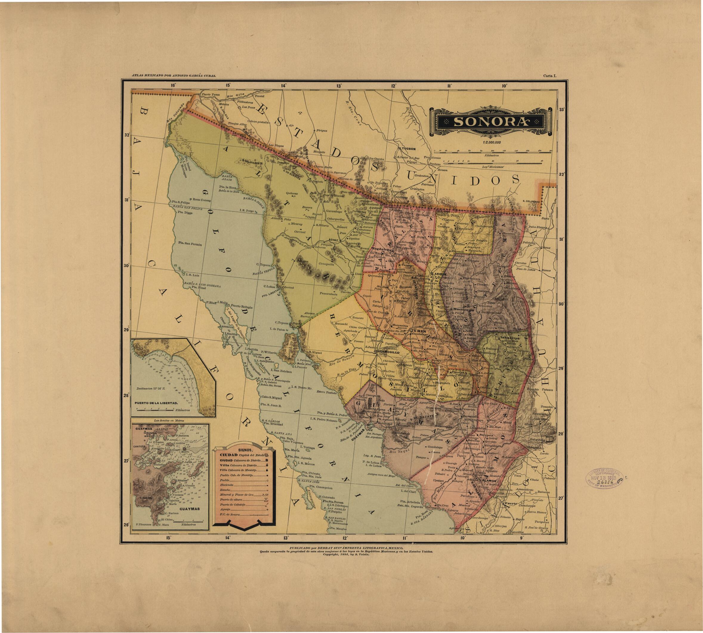 This old map of Sonora from Atlas Mexicano. from 1884 was created by Antonio GarcĂa Cubas in 1884