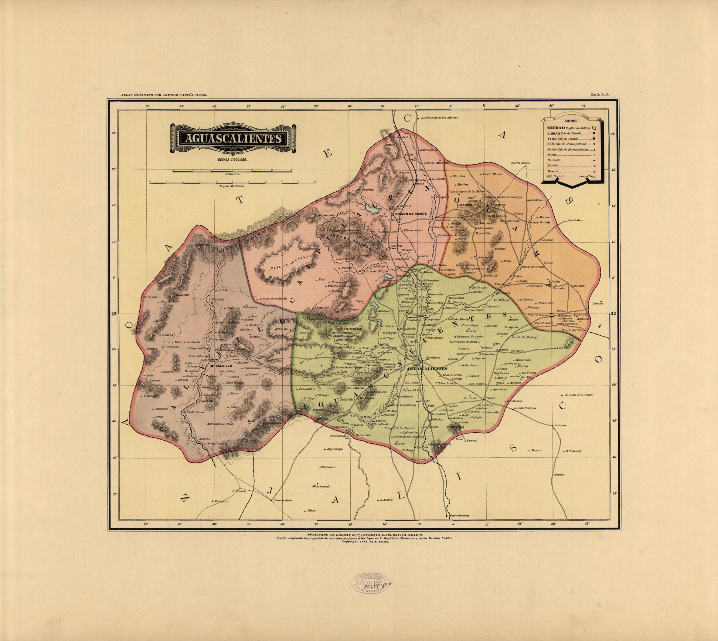 This old map of Aguascalientes from Atlas Mexicano. from 1884 was created by Antonio GarcĂa Cubas in 1884
