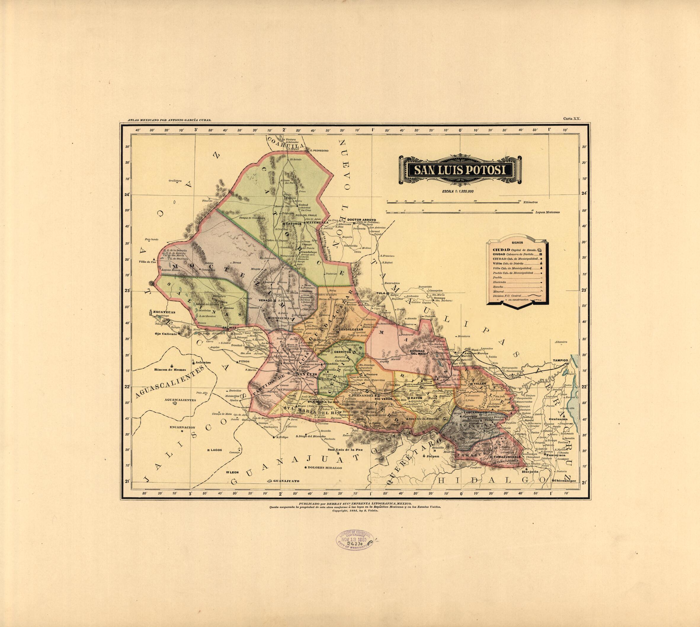 This old map of San Luis Potosi from Atlas Mexicano. from 1884 was created by Antonio GarcĂa Cubas in 1884