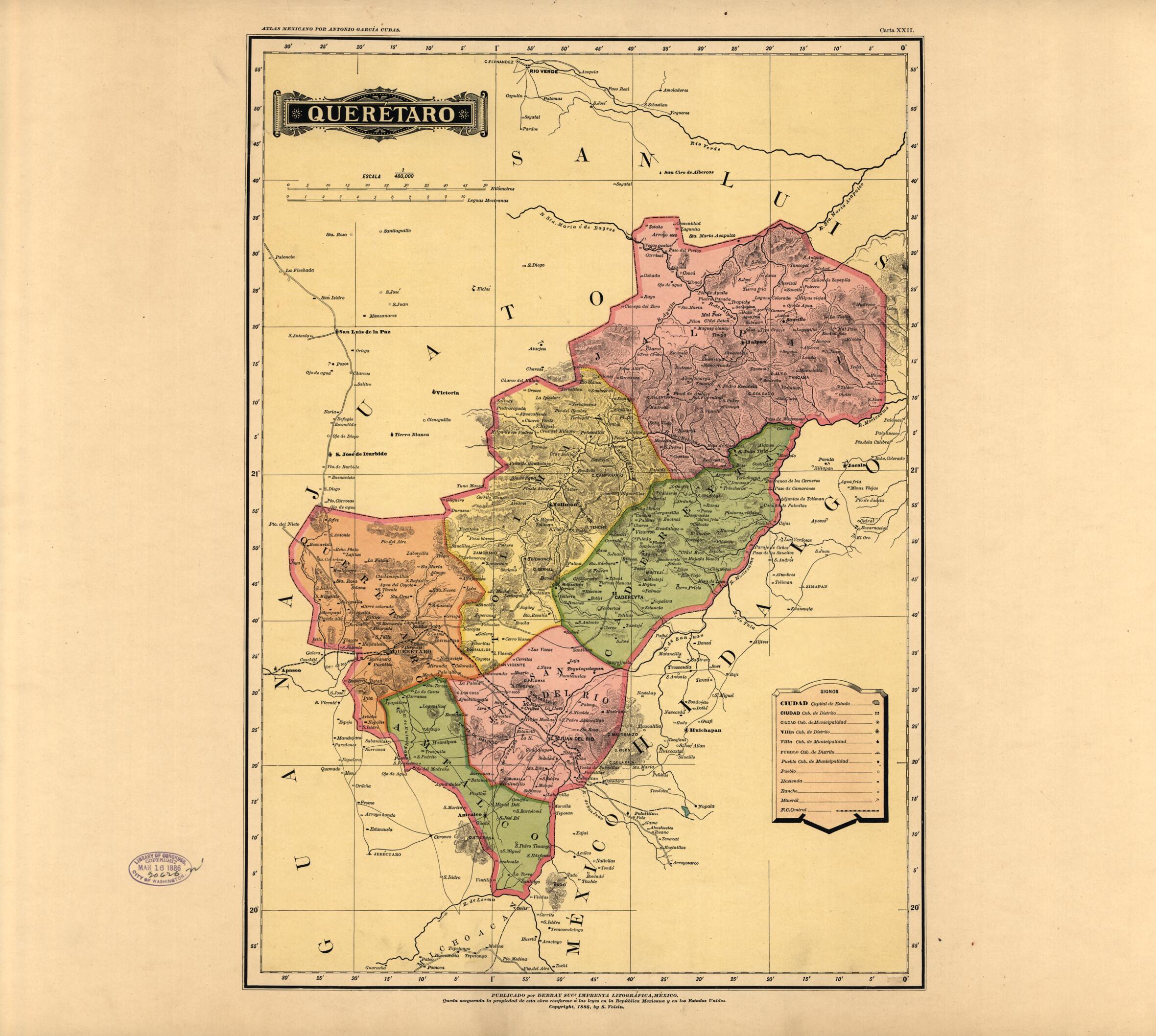 This old map of Queretaro from Atlas Mexicano. from 1884 was created by Antonio GarcĂa Cubas in 1884