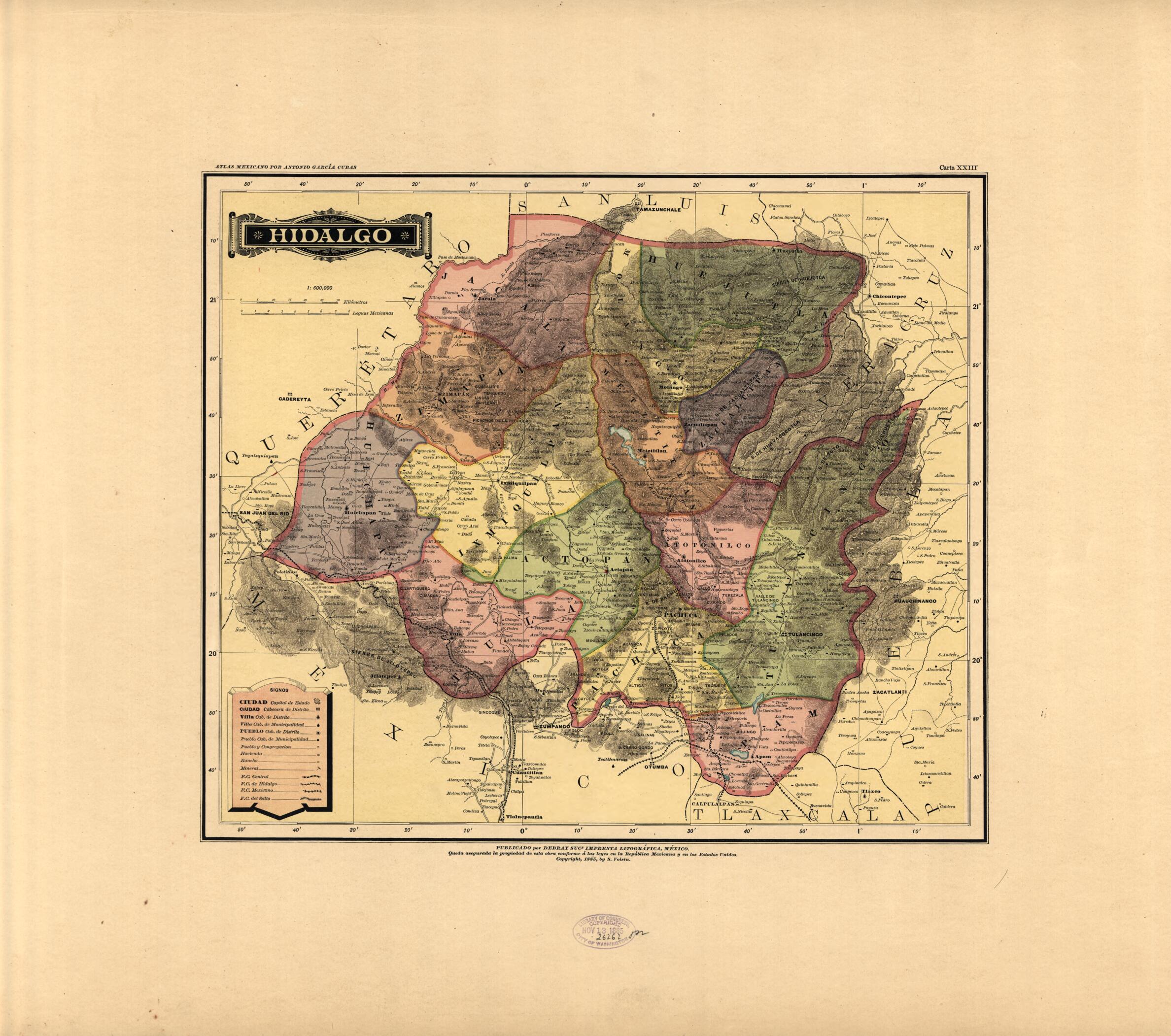 This old map of Hidalgo from Atlas Mexicano. from 1884 was created by Antonio GarcĂa Cubas in 1884