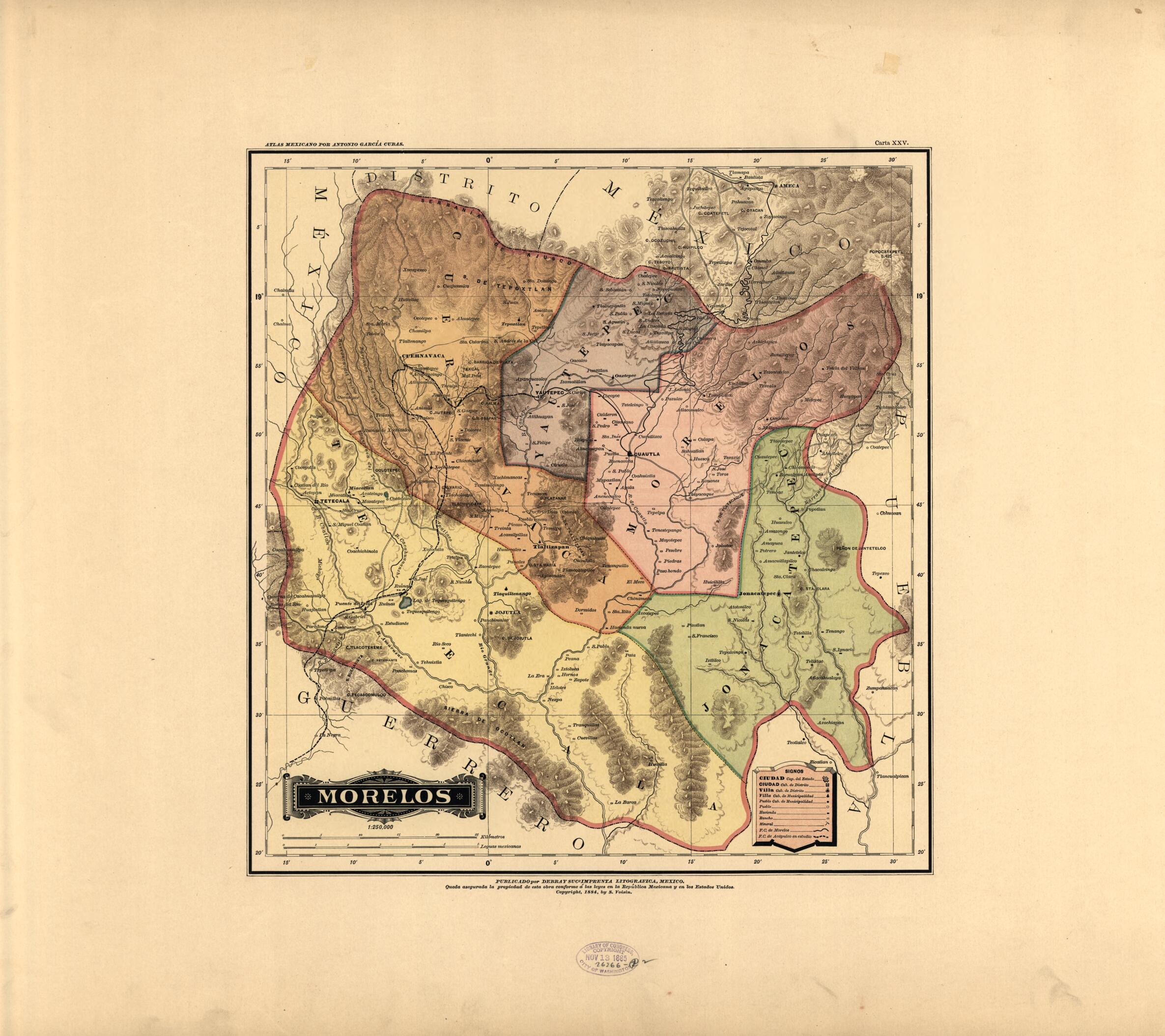 This old map of Morelos from Atlas Mexicano. from 1884 was created by Antonio GarcĂa Cubas in 1884