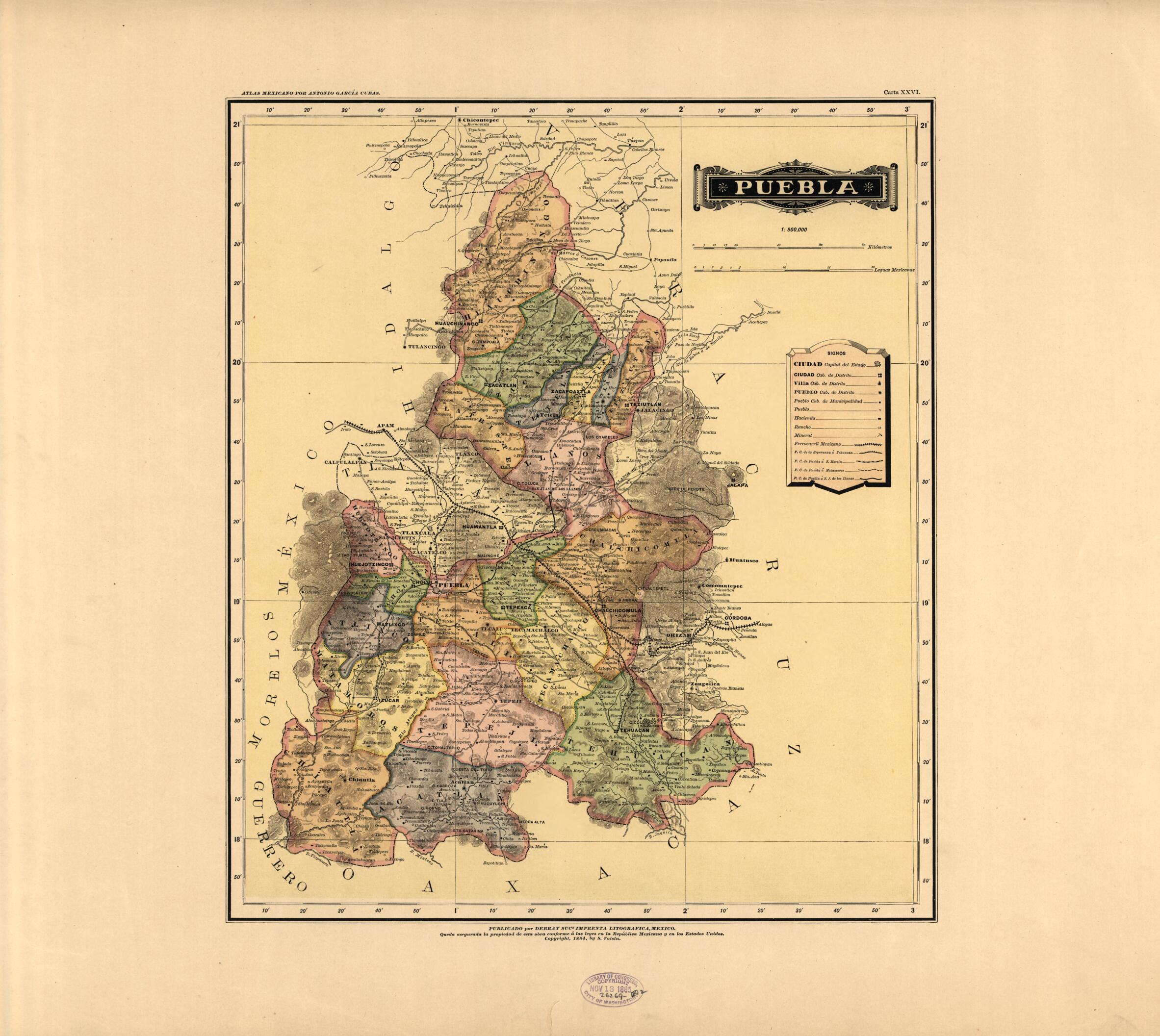 This old map of Puebla from Atlas Mexicano. from 1884 was created by Antonio GarcĂa Cubas in 1884
