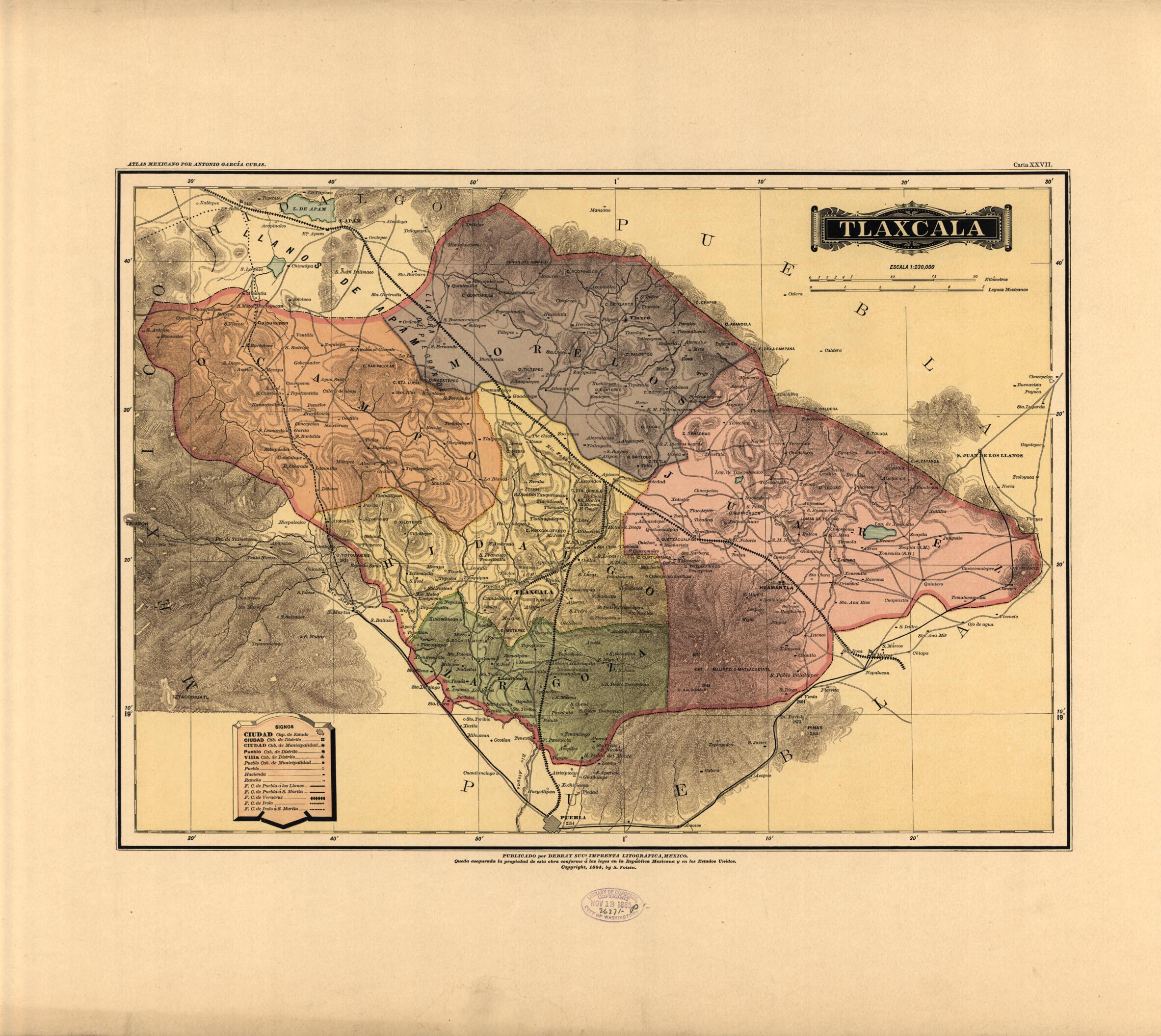 This old map of Tlaxcala from Atlas Mexicano. from 1884 was created by Antonio GarcĂa Cubas in 1884
