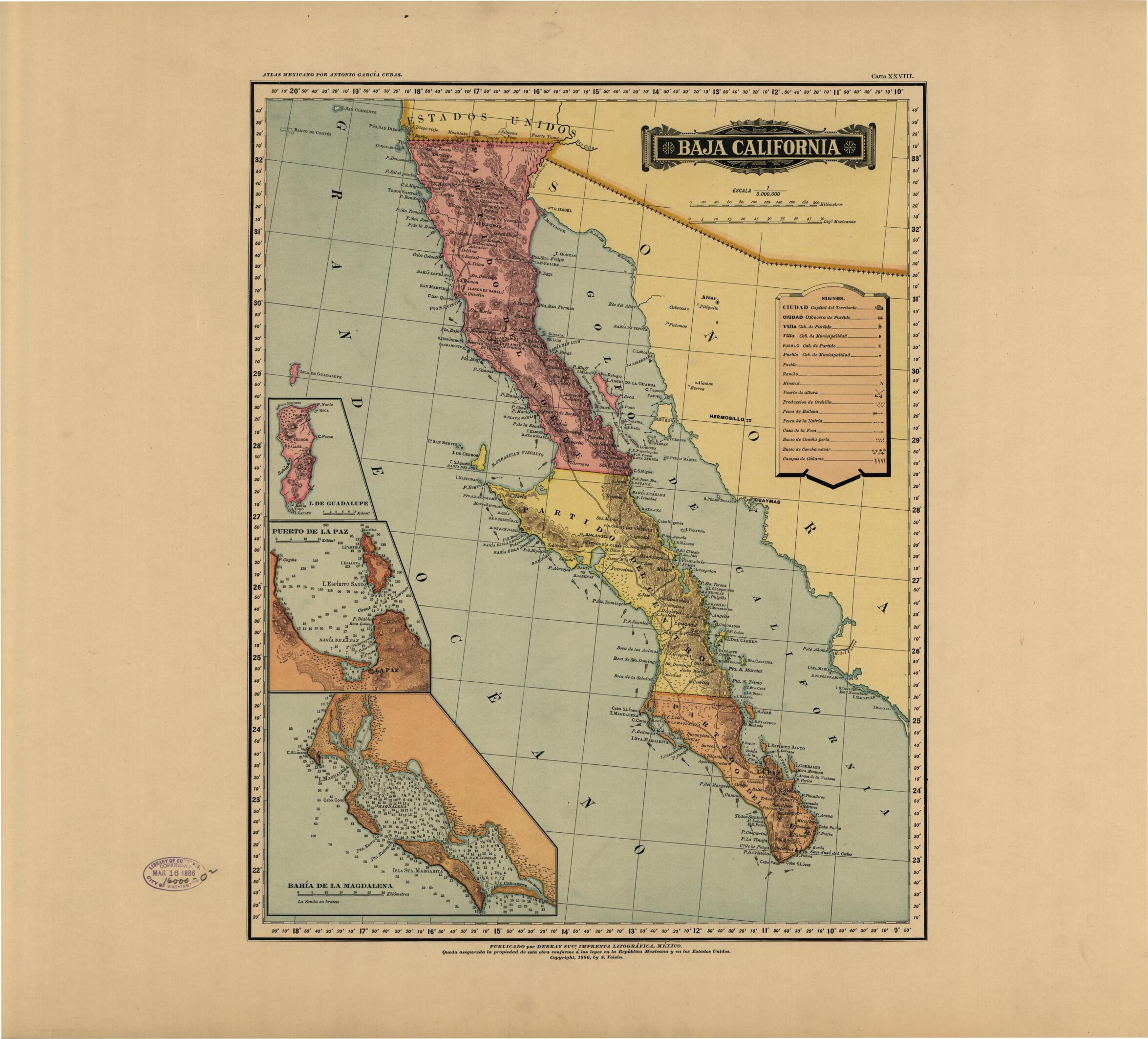 This old map of Baja California from Atlas Mexicano. from 1884 was created by Antonio GarcĂa Cubas in 1884