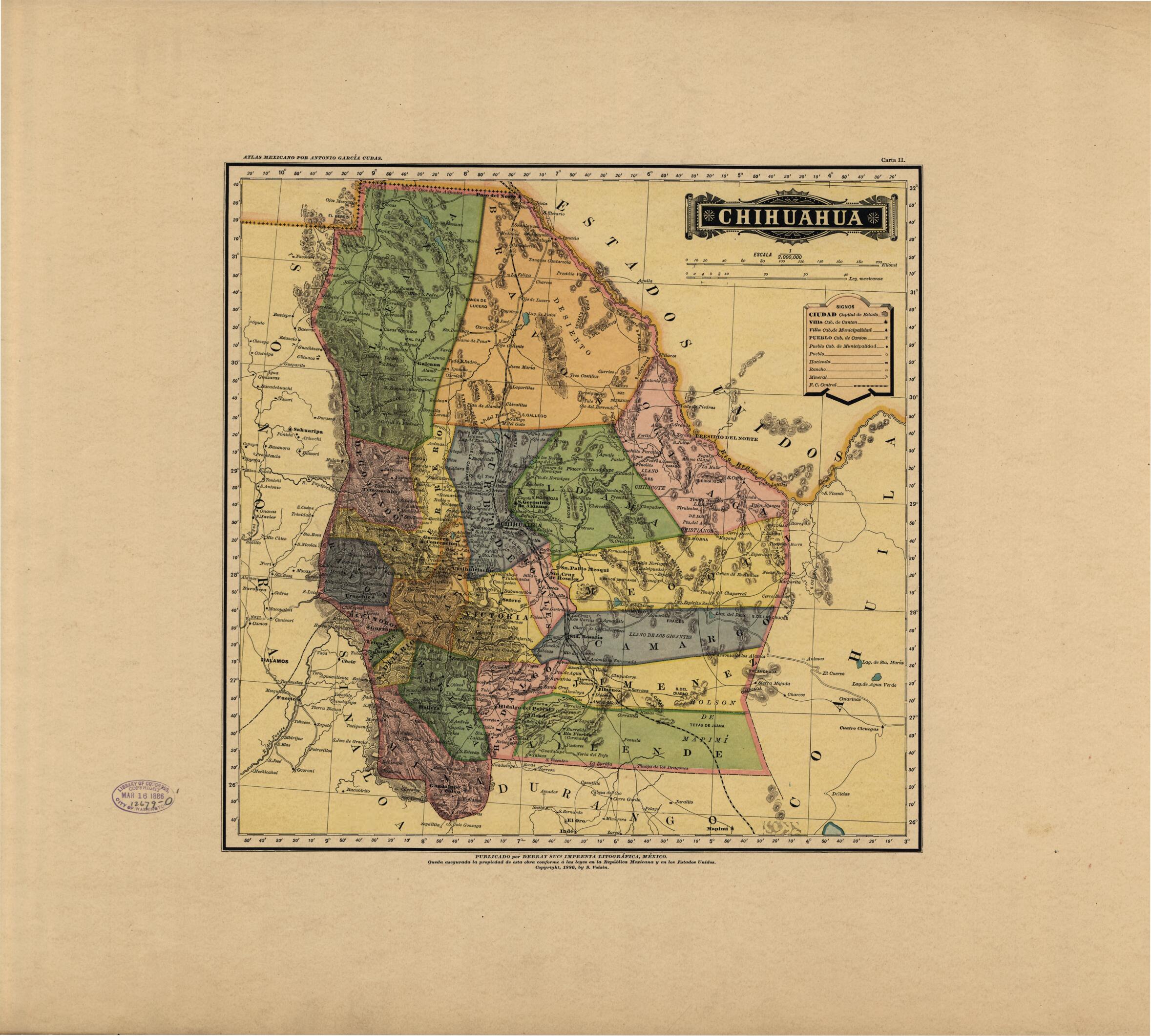 This old map of Chihuahua from Atlas Mexicano. from 1884 was created by Antonio GarcĂa Cubas in 1884
