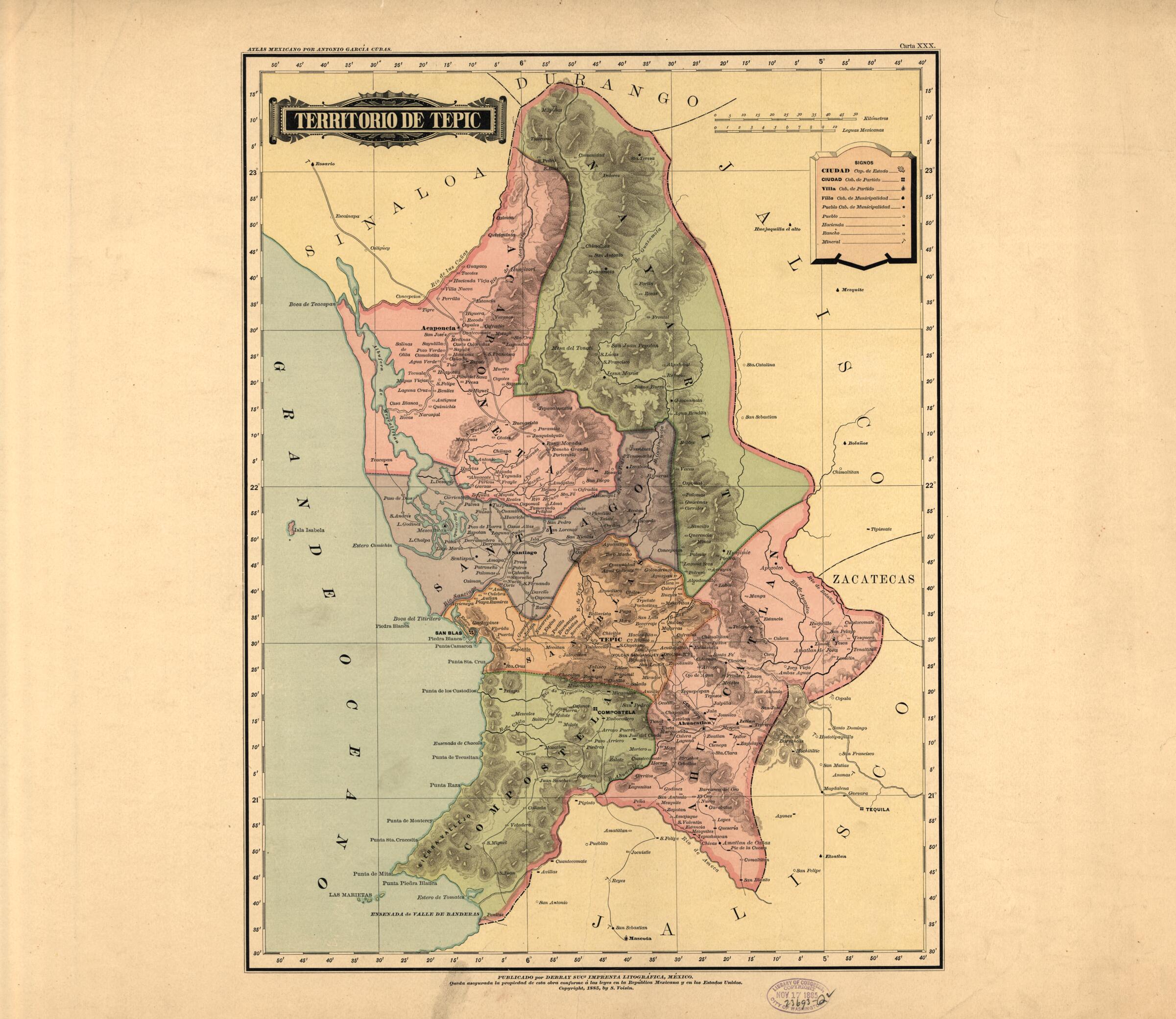 This old map of Territorio De Tepic from Atlas Mexicano. from 1884 was created by Antonio GarcĂa Cubas in 1884