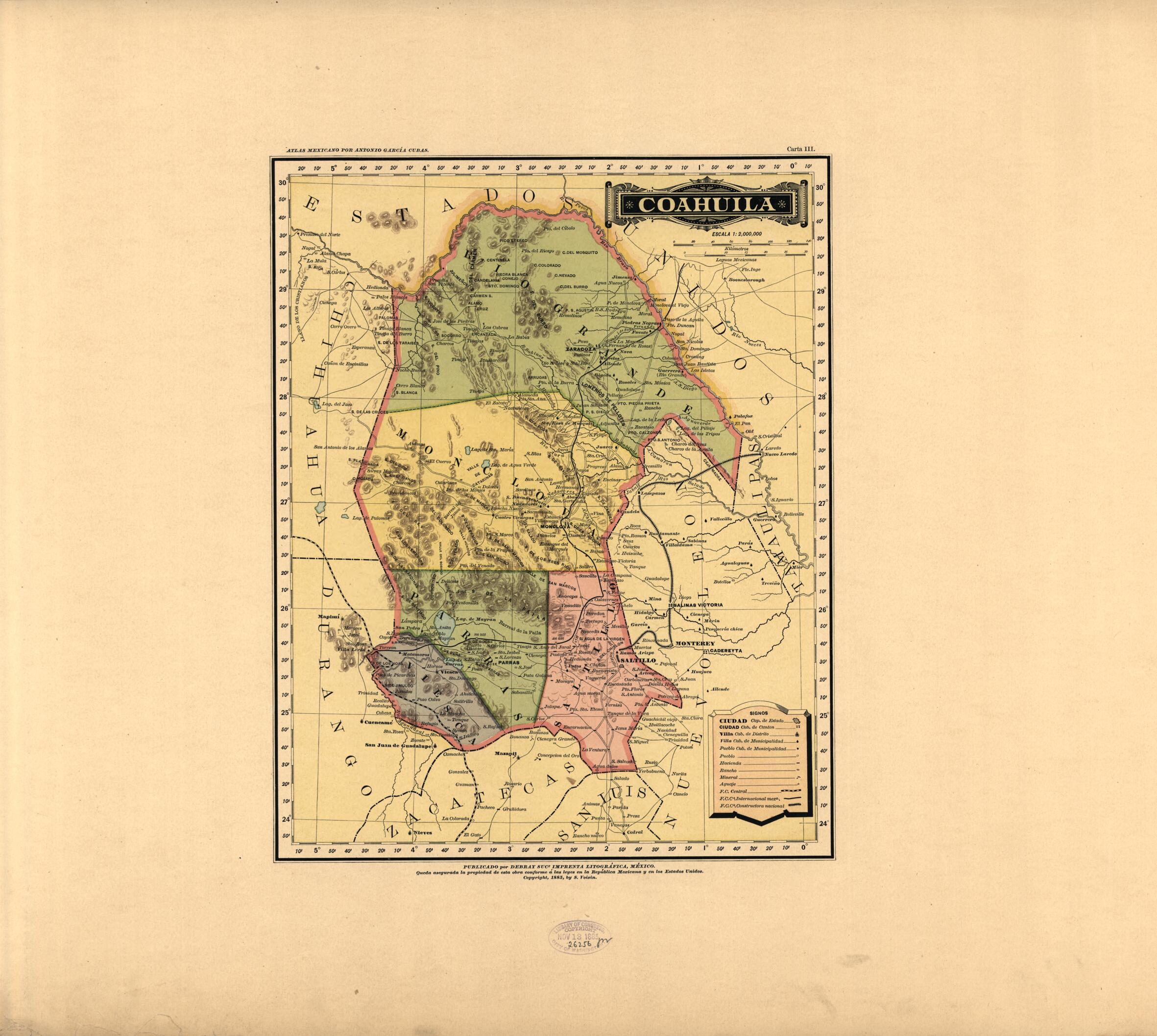 This old map of Coahuila from Atlas Mexicano. from 1884 was created by Antonio GarcĂa Cubas in 1884