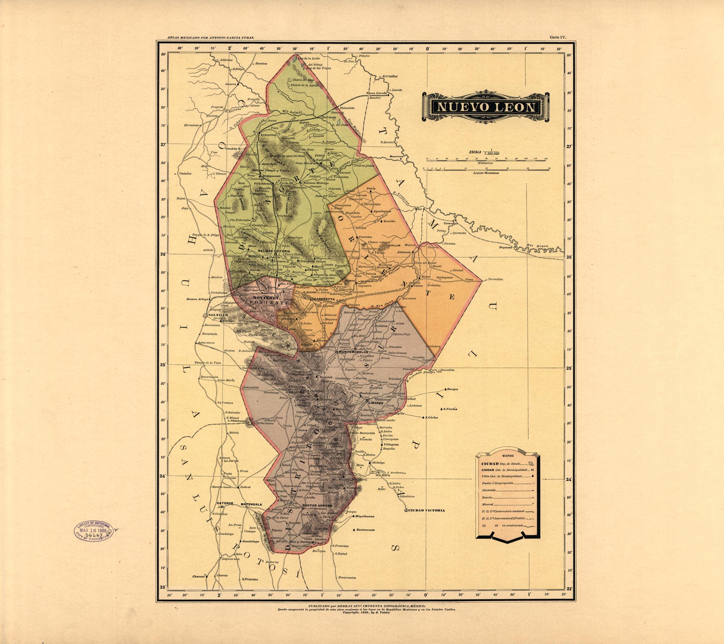 This old map of Nuevo Leon from Atlas Mexicano. from 1884 was created by Antonio GarcĂa Cubas in 1884