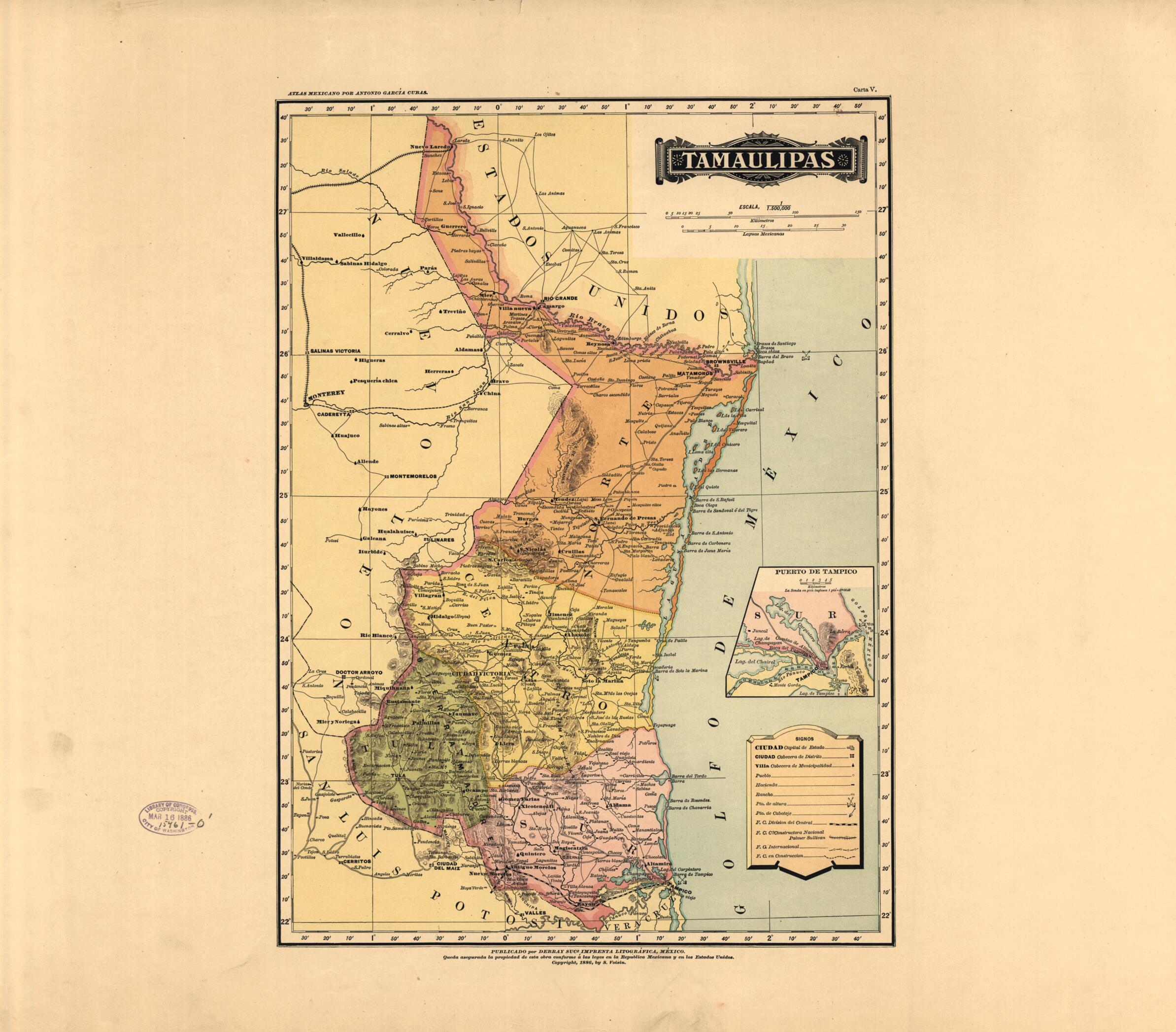 This old map of Tauaulipas from Atlas Mexicano. from 1884 was created by Antonio GarcĂa Cubas in 1884