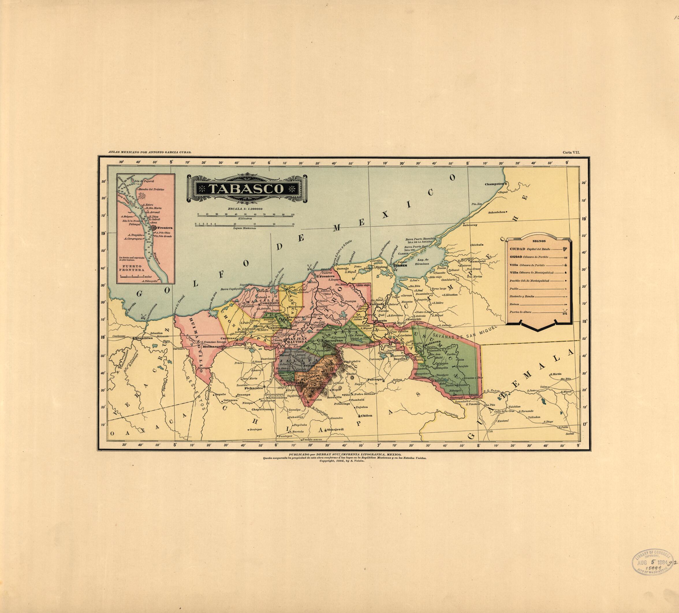This old map of Tabasco from Atlas Mexicano. from 1884 was created by Antonio GarcĂa Cubas in 1884