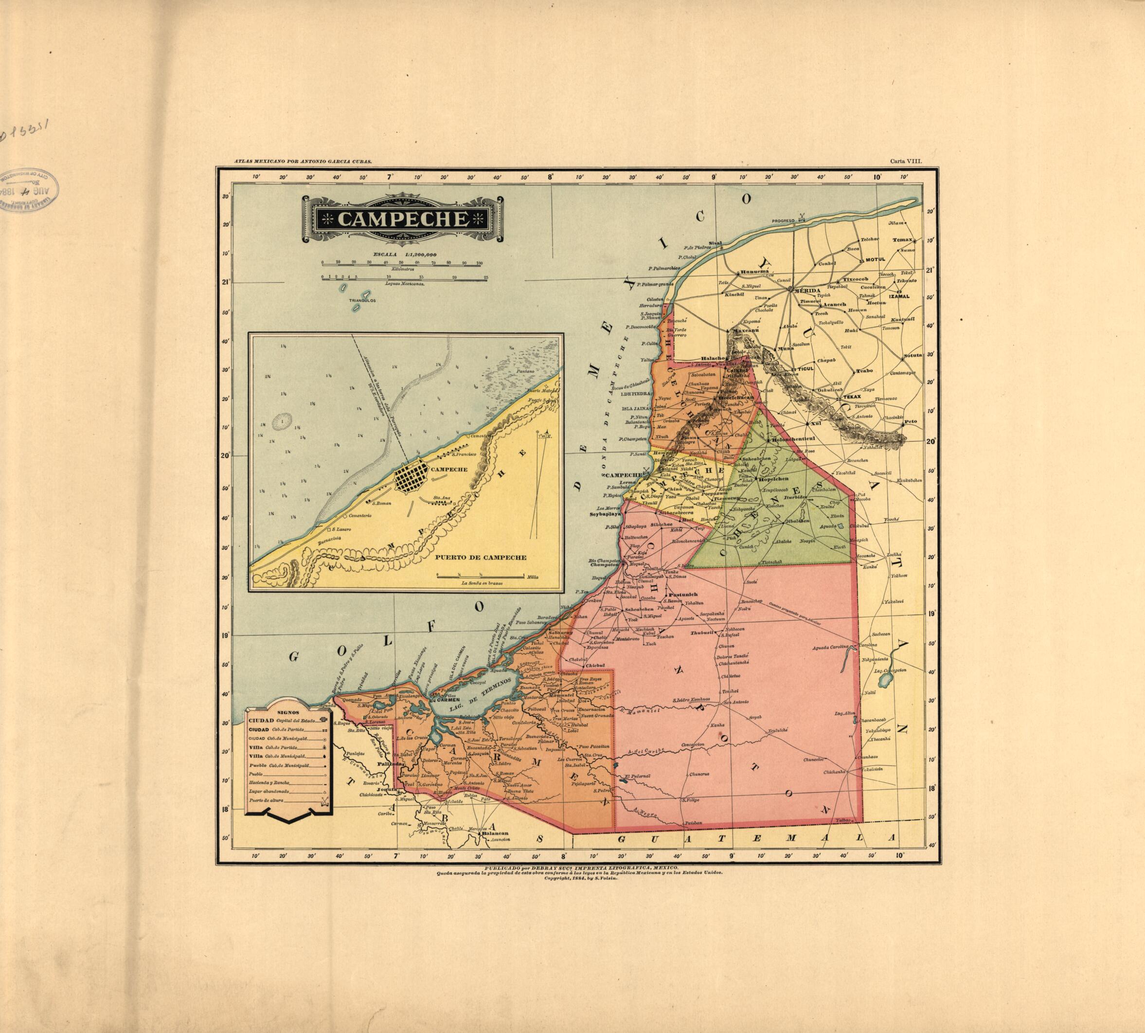 This old map of Campeche from Atlas Mexicano. from 1884 was created by Antonio GarcĂa Cubas in 1884
