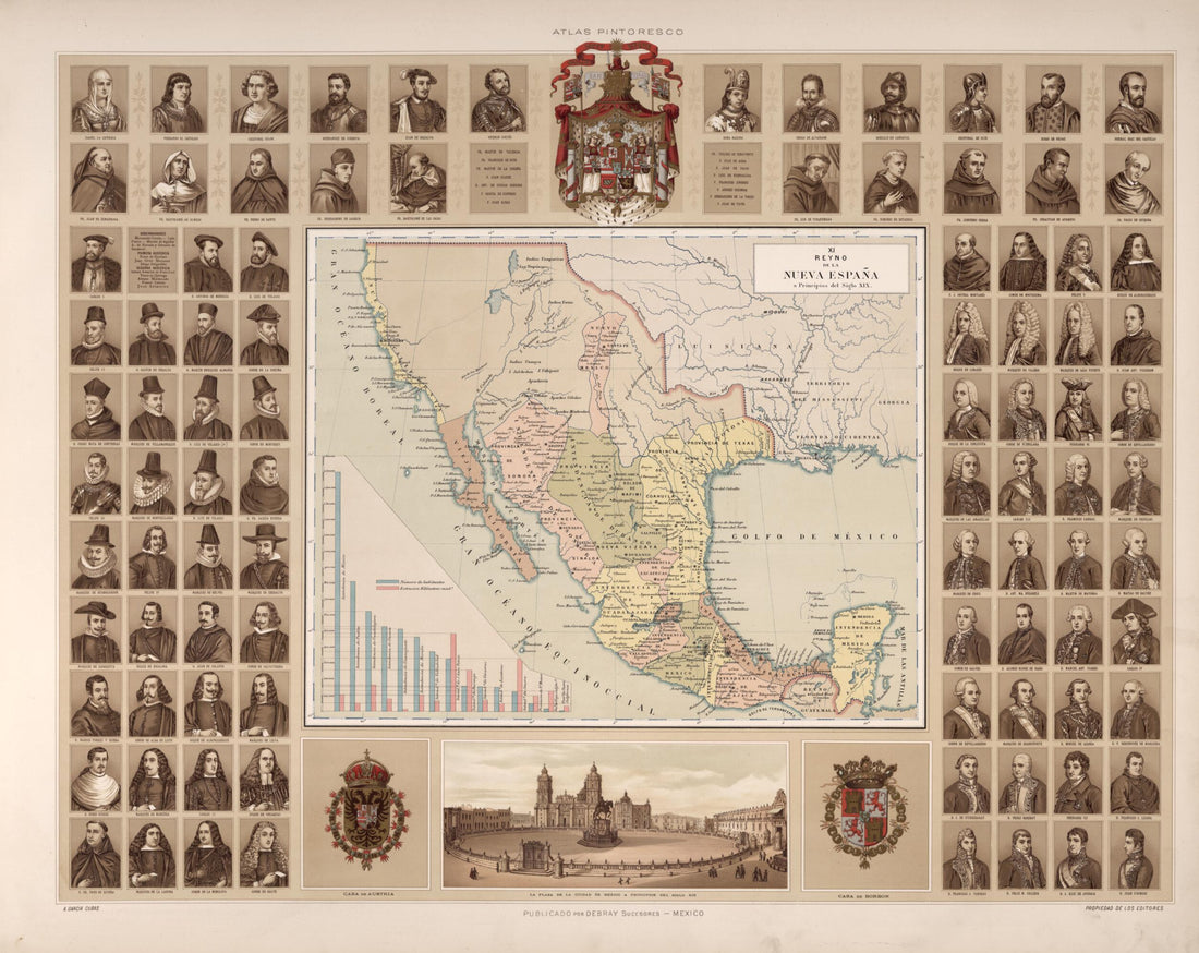 This old map of Reign of New Spain Surrounding a Map of Mexico from Atlas Pintoresco é Histórico De Los Estados Unidos Mexicanos. from 1885 was created by Antonio García Cubas in 1885