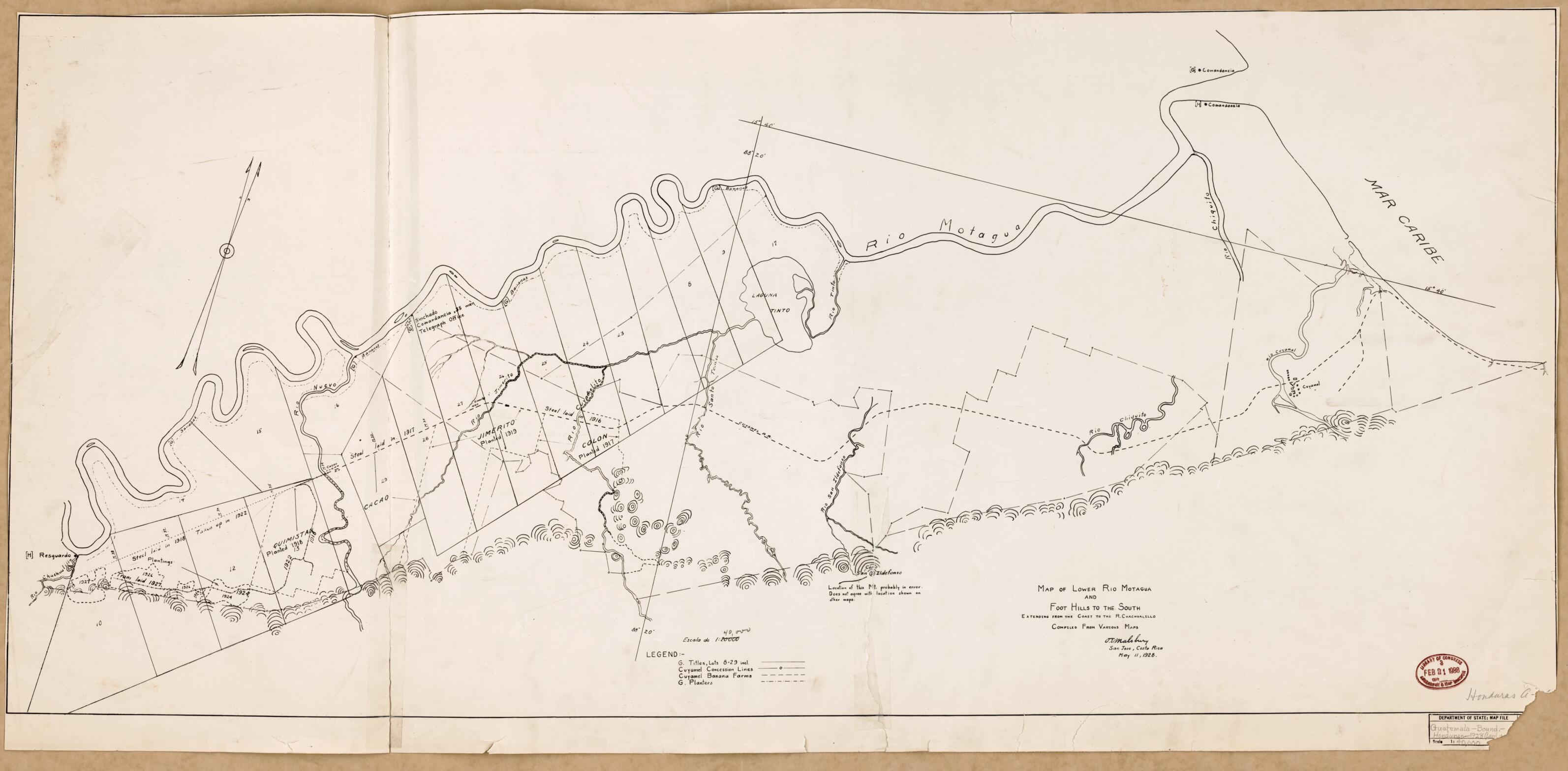 This old map of Sheet 3 - Map of Lower Rio Motagua and Foot Hills to the South, Extending from the Coast to the R. Chachualillo / Compiled from Various Maps from Maps of Guatemala-Honduras Boundary. from 1918 was created by in 1918