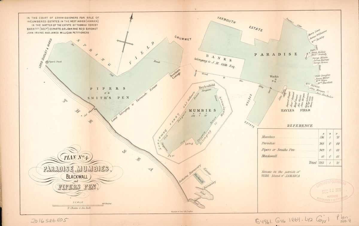 Plan No. 4 Paradise, Mumbies, Blackwall and Pipers Pen from Encumbered Estates In the West Indies (Jamaica) 1864 by Relic Map Company