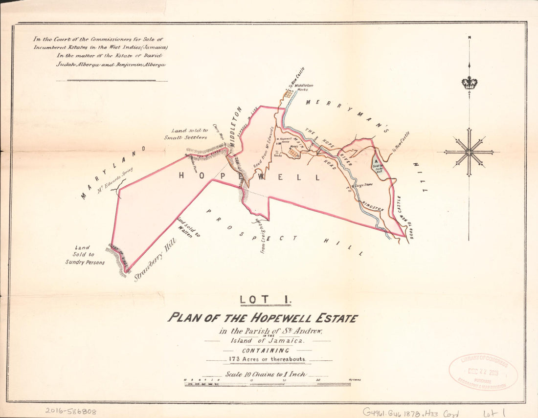 This old map of Lot 1. Plan of the Hopewell Estate from Encumbered Estates In the West Indies (Jamaica) from 1878 was created by Vaughan & Jenkinson (Firm) Hards in 1878