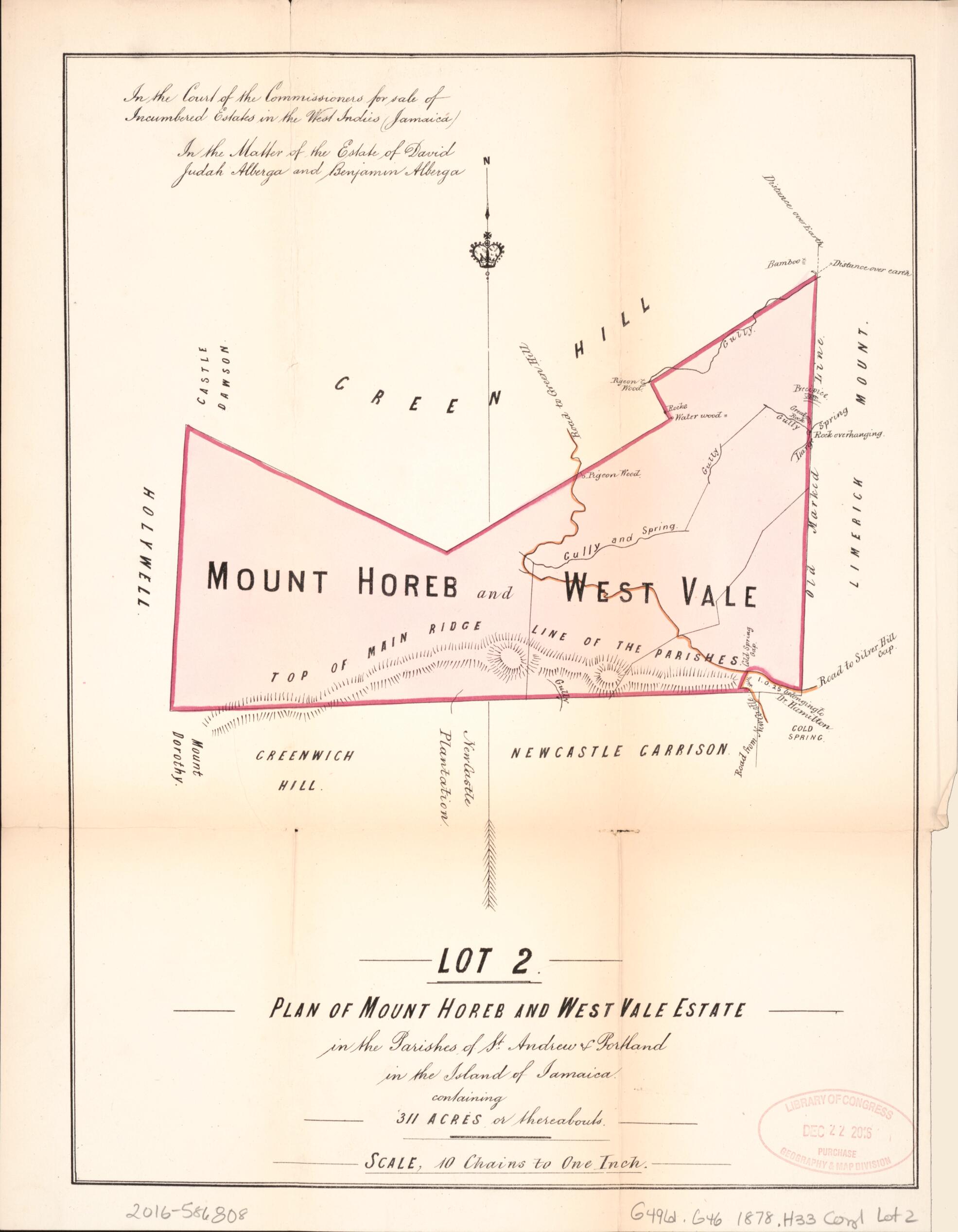 This old map of Lot 2. Plan of Mount Horeb and West Vale Estate from Encumbered Estates In the West Indies (Jamaica) from 1878 was created by Vaughan & Jenkinson (Firm) Hards in 1878