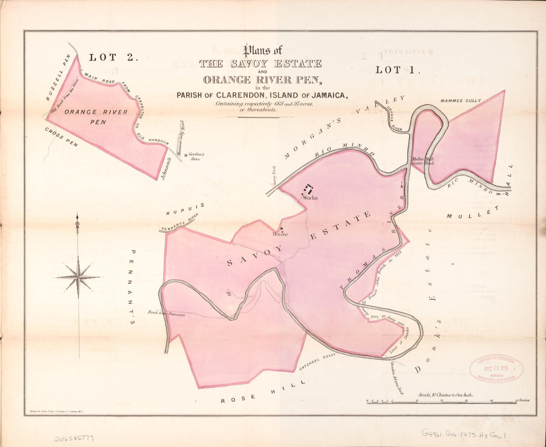 This old map of Plans of the Savoy Estate and Orange River Pen, In the Parish of Clarendon, Island of Jamaica from Encumbered Estates In the West Indies (Jamaica) from 1875 was created by Vaughan & Jenkinson (Firm) Hards in 1875