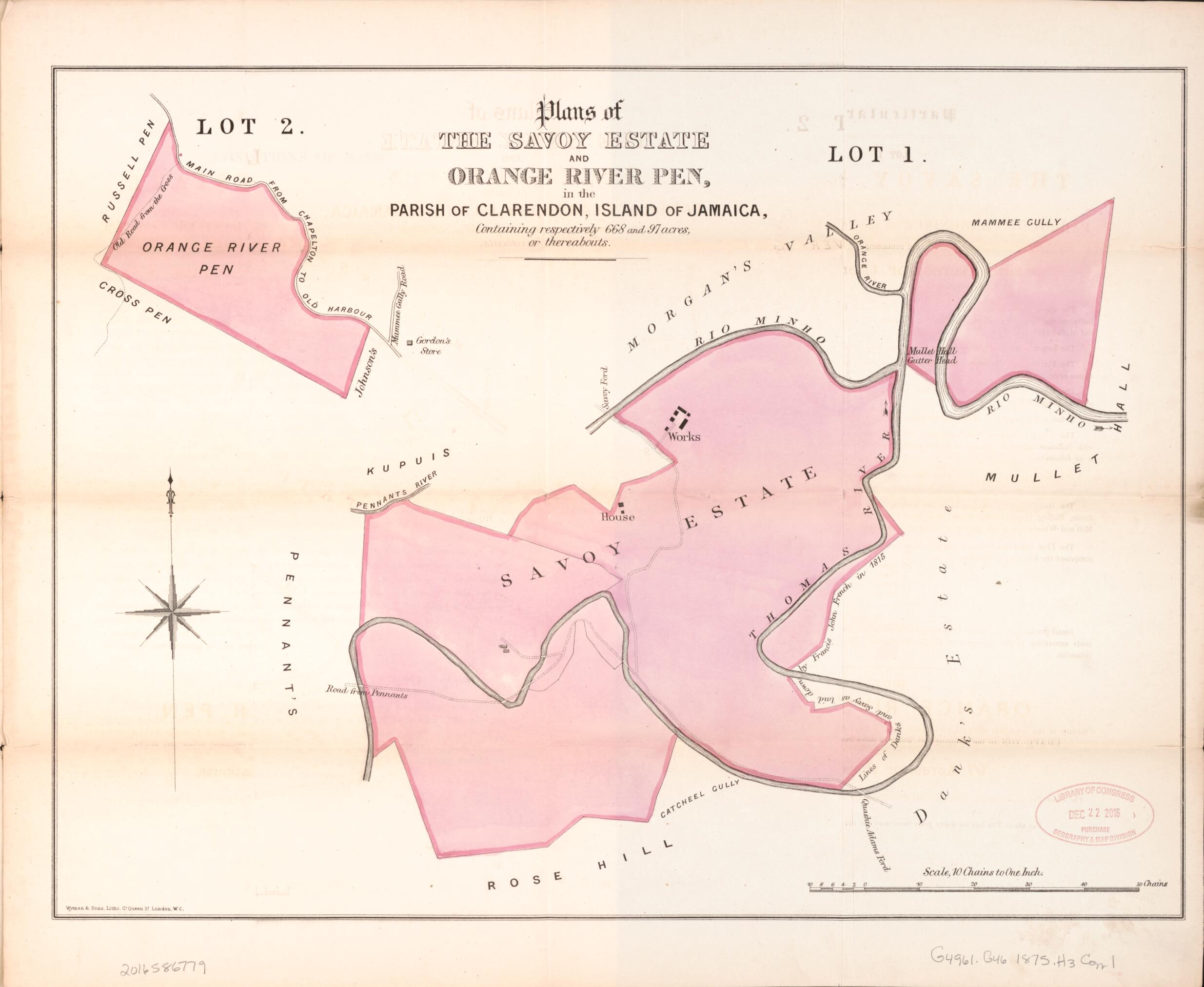 This old map of Plans of the Savoy Estate and Orange River Pen, In the Parish of Clarendon, Island of Jamaica from Encumbered Estates In the West Indies (Jamaica) from 1875 was created by Vaughan & Jenkinson (Firm) Hards in 1875