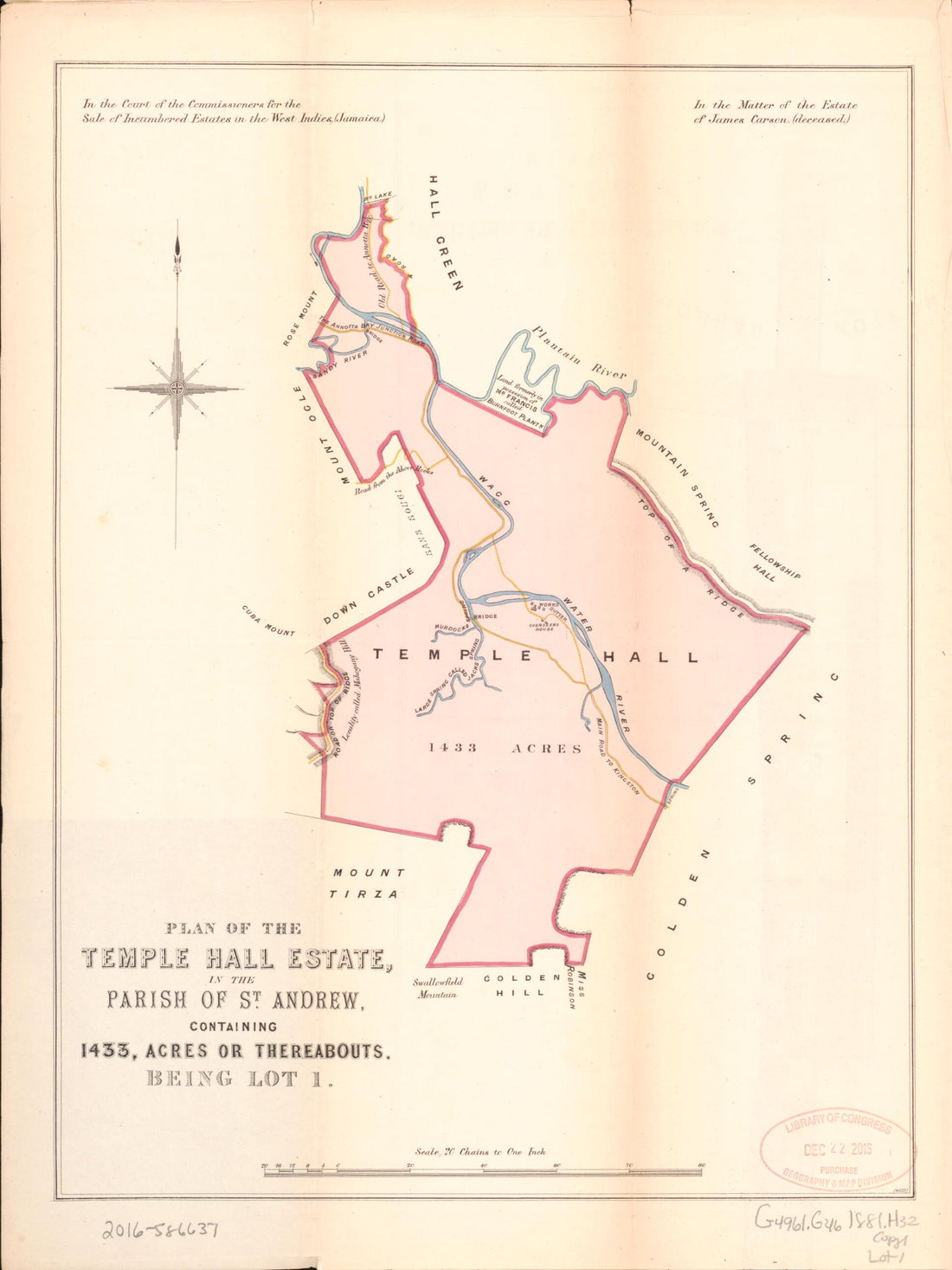 This old map of Plan of the Temple Hall Estate, In the Parish of St. Andrew from Encumbered Estates In the West Indies (Jamaica) from 1881 was created by Vaughan & Jenkinson (Firm) Hards in 1881