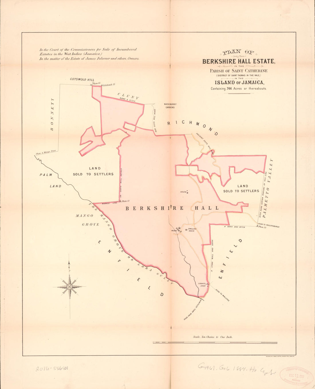 This old map of Plan of Berkshire Hall Estate from Encumbered Estates In the West Indies (Jamaica) from 1884 was created by Vaughan & Jenkinson (Firm) Hards in 1884