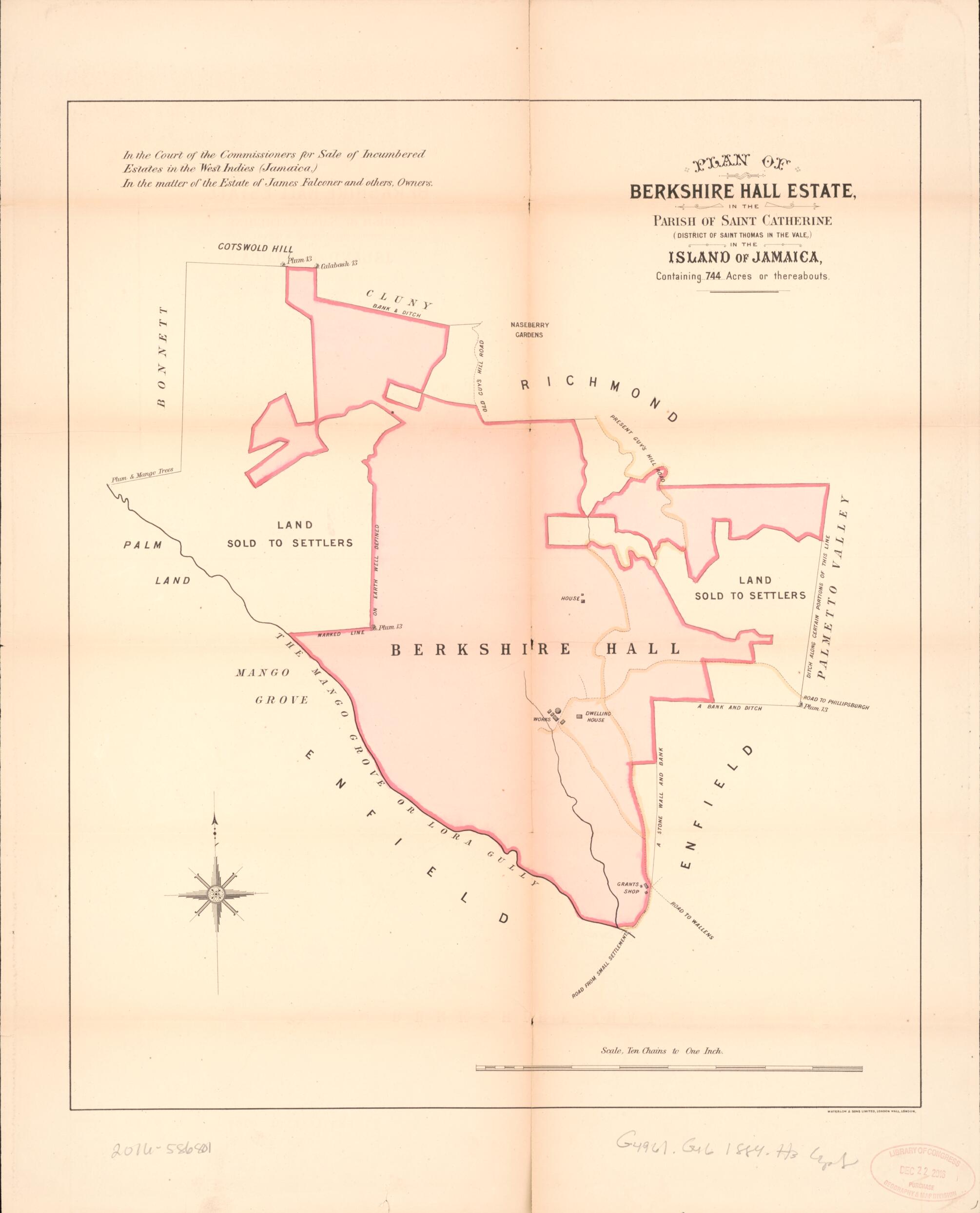 This old map of Plan of Berkshire Hall Estate from Encumbered Estates In the West Indies (Jamaica) from 1884 was created by Vaughan & Jenkinson (Firm) Hards in 1884