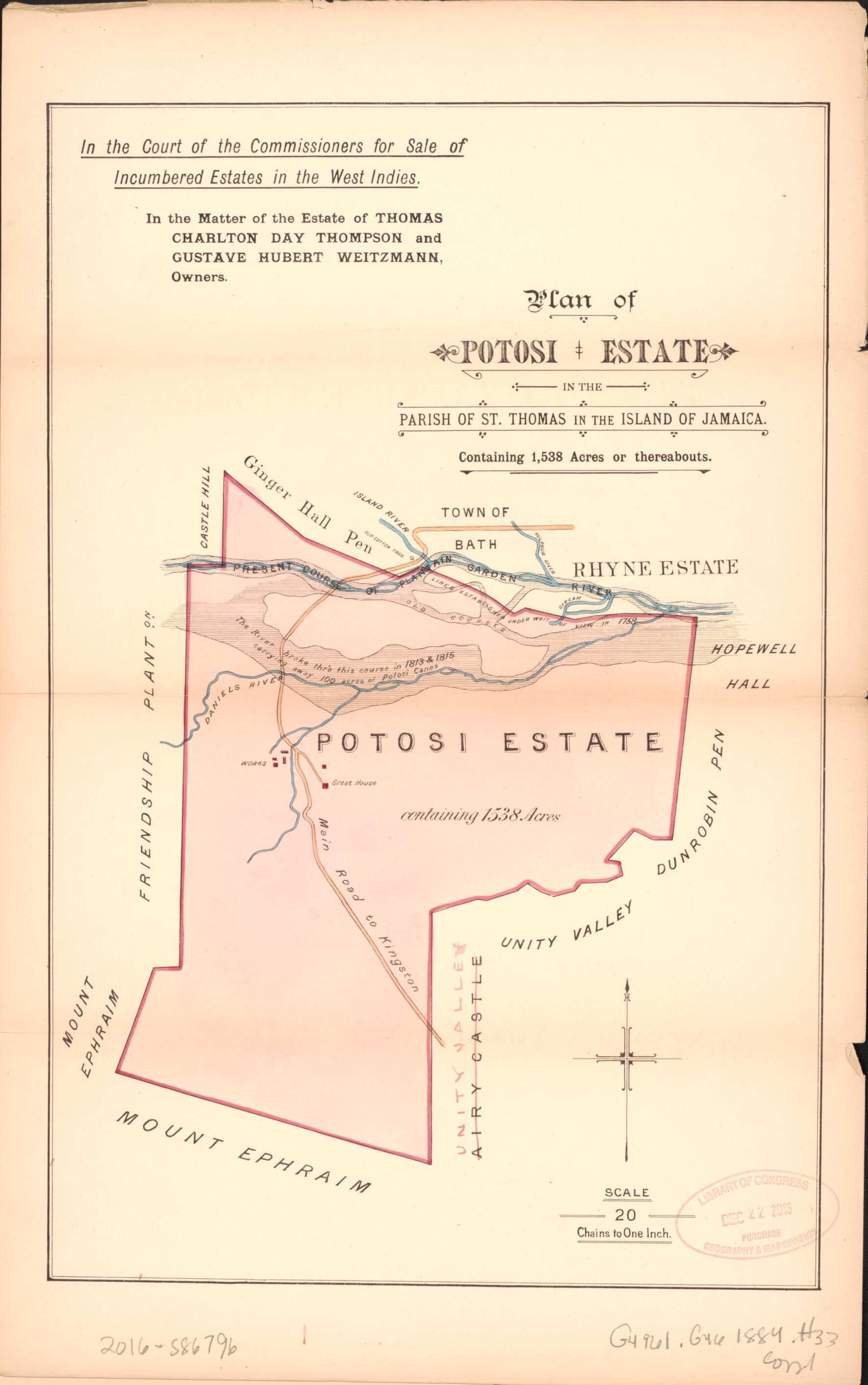 This old map of Plan of Potosi Estate from Encumbered Estates In the West Indies (Jamaica) from 1884 was created by Vaughan & Jenkinson (Firm) Hards in 1884