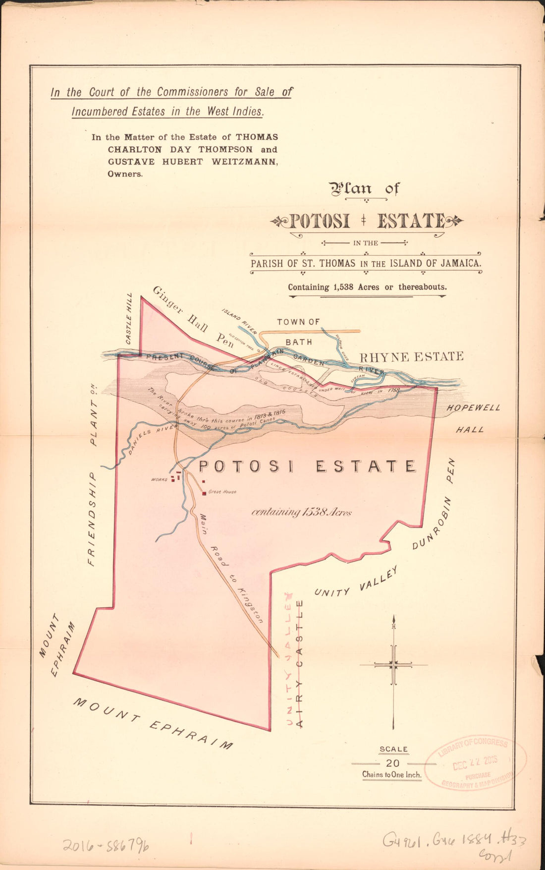 This old map of Plan of Potosi Estate from Encumbered Estates In the West Indies (Jamaica) from 1884 was created by Vaughan & Jenkinson (Firm) Hards in 1884