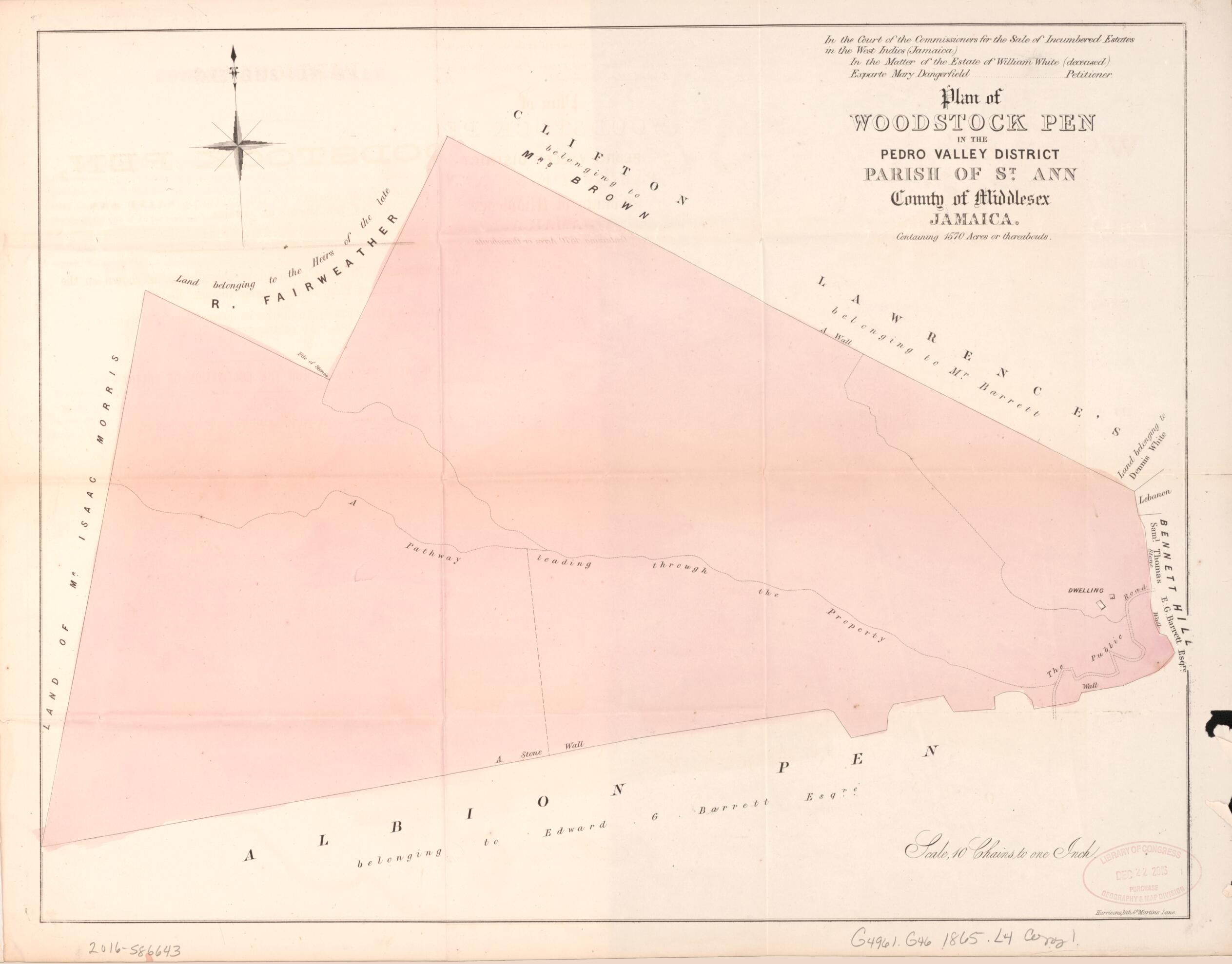 This old map of Plan of Woodstock Pen from Encumbered Estates In the West Indies (Jamaica) from 1865 was created by Leifchild & Cheffins (Firm) in 1865