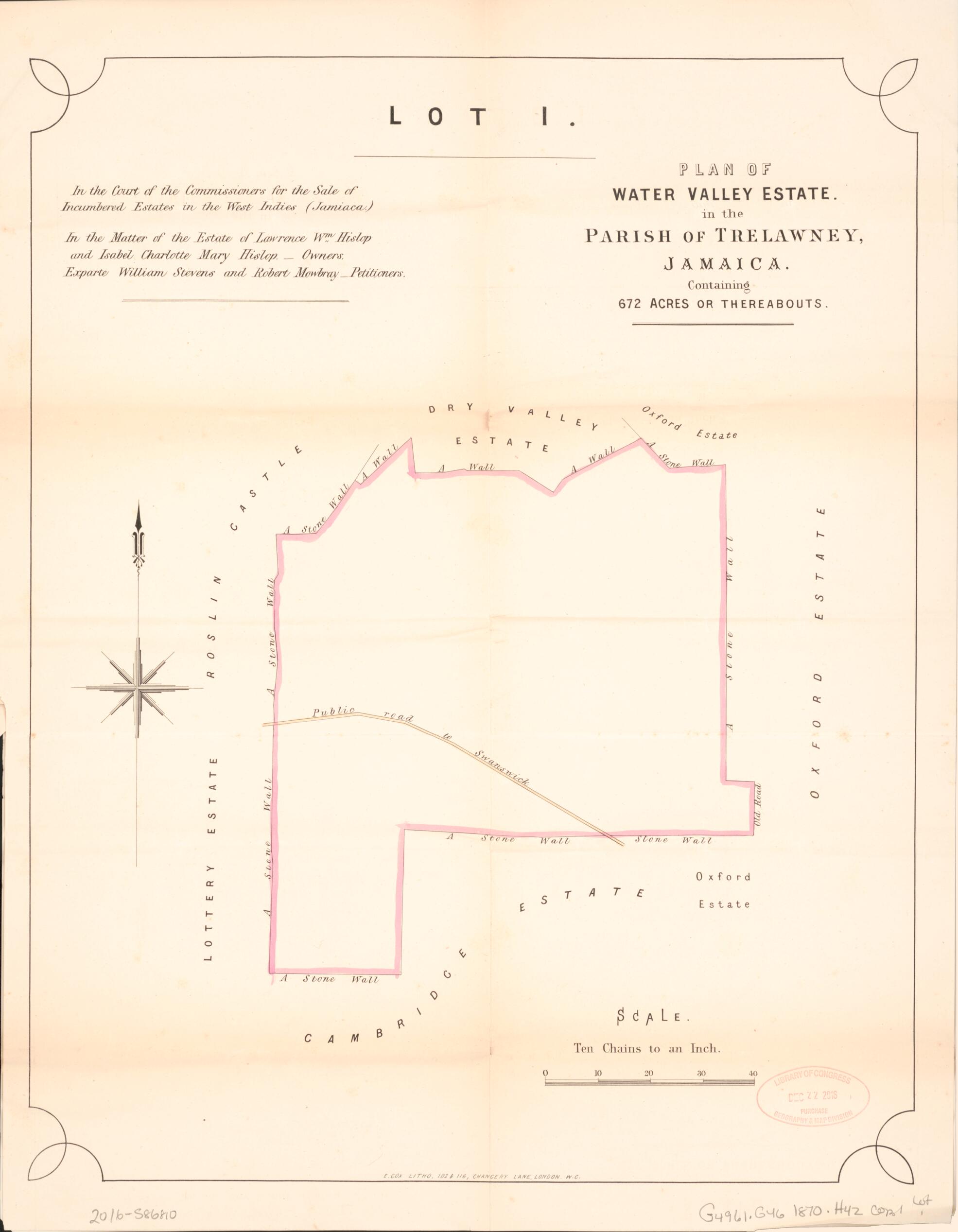 This old map of Lot 1. Plan of Water Valley Estate from Encumbered Estates In the West Indies (Jamaica) from 1870 was created by Vaughan & Leifchild (Firm) Hards in 1870