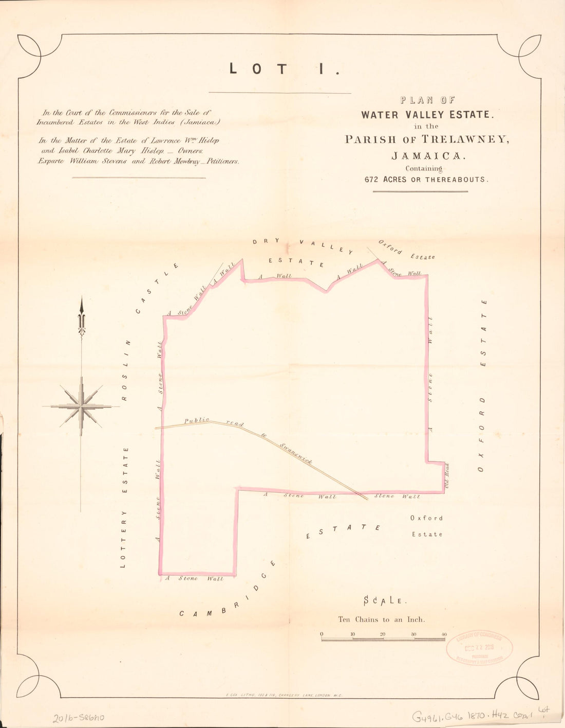 This old map of Lot 1. Plan of Water Valley Estate from Encumbered Estates In the West Indies (Jamaica) from 1870 was created by Vaughan & Leifchild (Firm) Hards in 1870