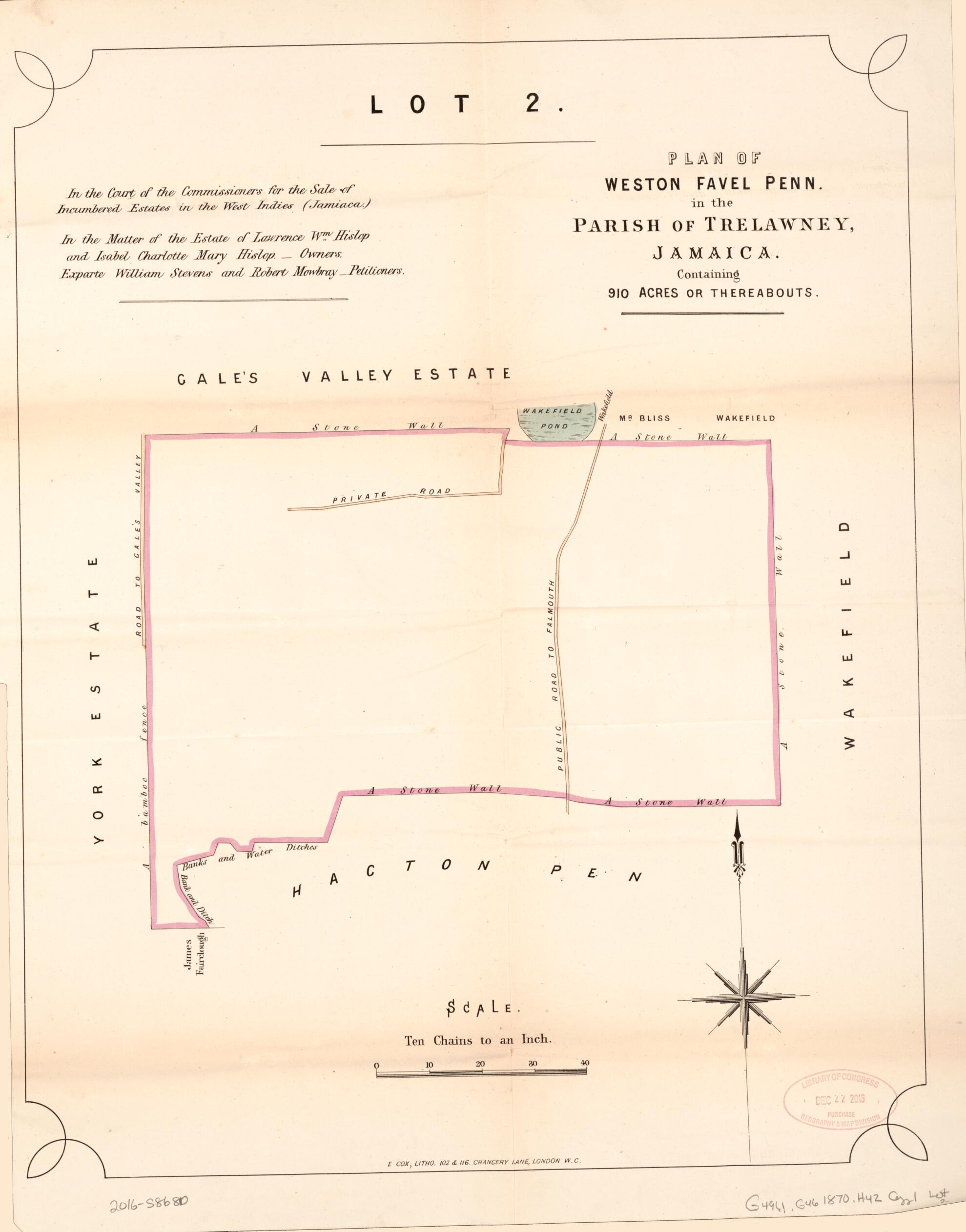 This old map of Lot 2. Plan of Weston Favel Penn. from Encumbered Estates In the West Indies (Jamaica) from 1870 was created by Vaughan & Leifchild (Firm) Hards in 1870