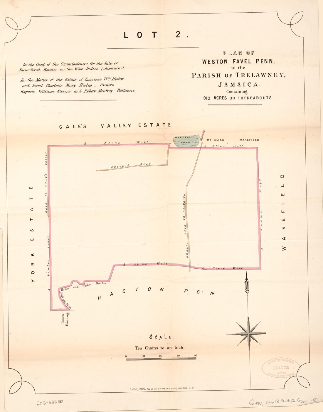 This old map of Lot 2. Plan of Weston Favel Penn. from Encumbered Estates In the West Indies (Jamaica) from 1870 was created by Vaughan & Leifchild (Firm) Hards in 1870